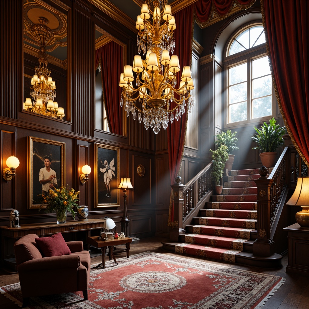 Prompt: Ornate chandeliers, crystal drops, golden accents, luxurious fabrics, velvet drapes, intricately carved wooden paneling, ornamental mirrors, gilded frames, grandiose staircases, lavish furnishings, opulent textures, warm ambient lighting, soft glow, dramatic shadows, 1/1 composition, shallow depth of field, realistic reflections, cinematic ambiance.