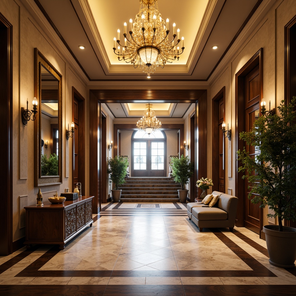 Prompt: Grand entrance, elegant chandelier, warm soft glow, golden lighting accents, luxurious marble floors, ornate wooden doors, stylish console tables, decorative mirrors, lavish greenery, sophisticated color palette, high ceilings, dramatic staircase, ambient occlusion, shallow depth of field, 3/4 composition, realistic textures.