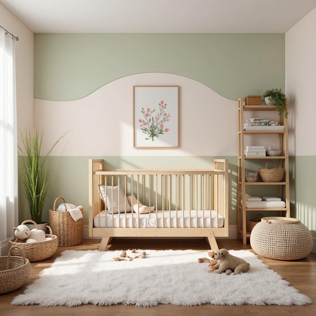 Prompt: Whimsical nursery, soft pastel colors, textured wallpaper, gentle curves, plush toys, crib with intricate carvings, woven basket furniture, natural wood accents, fluffy area rug, warm task lighting, cozy reading nook, minimalist decor, soothing color palette, organic shapes, baby-friendly materials, subtle sheen finish, shallow depth of field, 1/1 composition, realistic textures, ambient occlusion.