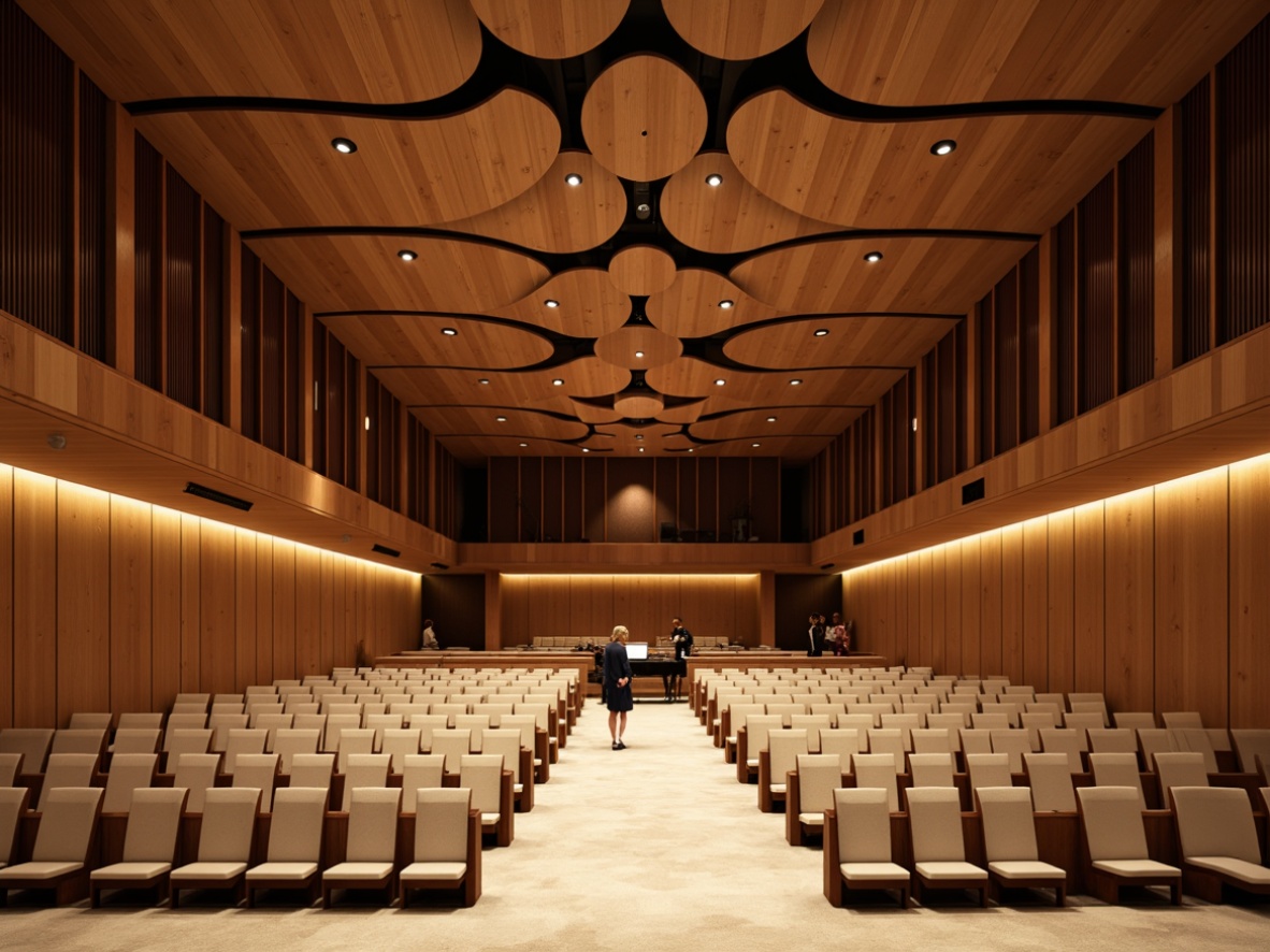 Prompt: Mid-century modern auditorium, curved wooden panels, sleek acoustic ceiling, suspended sound-absorbing pods, minimalist lighting fixtures, comfortable upholstered seating, rich wood tones, warm beige carpets, subtle geometric patterns, state-of-the-art audio equipment, professional stage lighting, grand piano, soundproofing materials, optimized reverberation time, 3/4 composition, shallow depth of field, realistic textures, ambient occlusion.