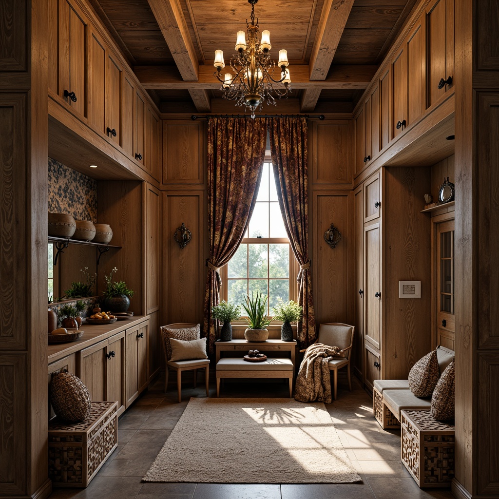 Prompt: Rustic mudroom, renaissance-inspired decor, wooden cabinetry, ornate metal hardware, vintage storage trunks, woven baskets, distressed finishes, earthy color palette, natural stone flooring, grand chandelier, soft warm lighting, shallow depth of field, 3/4 composition, realistic textures, ambient occlusion, luxurious fabrics, intricate carvings, classic architectural details.