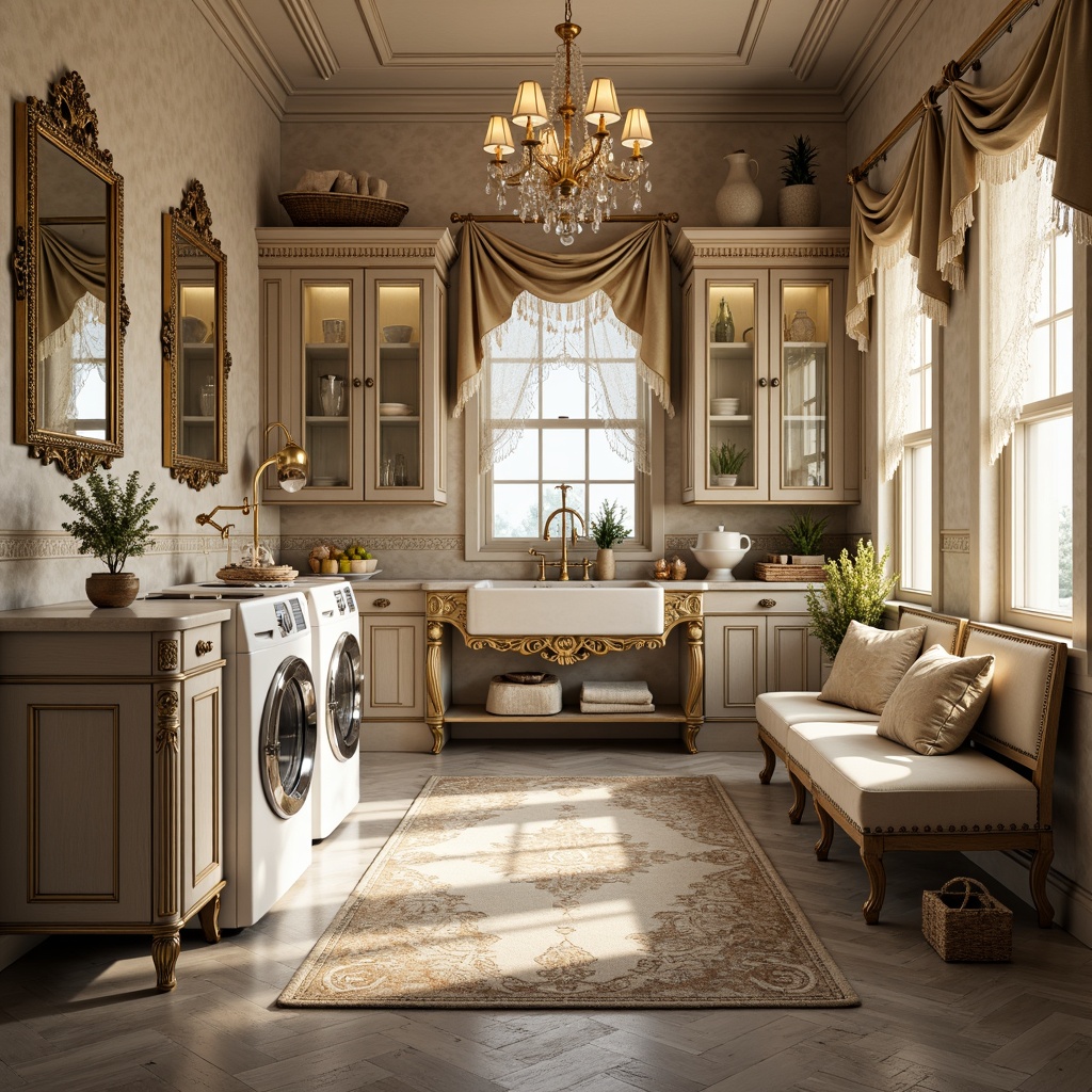 Prompt: Rococo-inspired laundry room, ornate wooden cabinets, curved legs, intricate carvings, gilded accents, soft pastel colors, marble countertops, ornamental mirrors, crystal chandeliers, delicate lace curtains, luxurious velvet upholstery, antique bronze faucets, distressed wood flooring, natural stone walls, warm golden lighting, shallow depth of field, 1/1 composition, realistic textures, ambient occlusion.