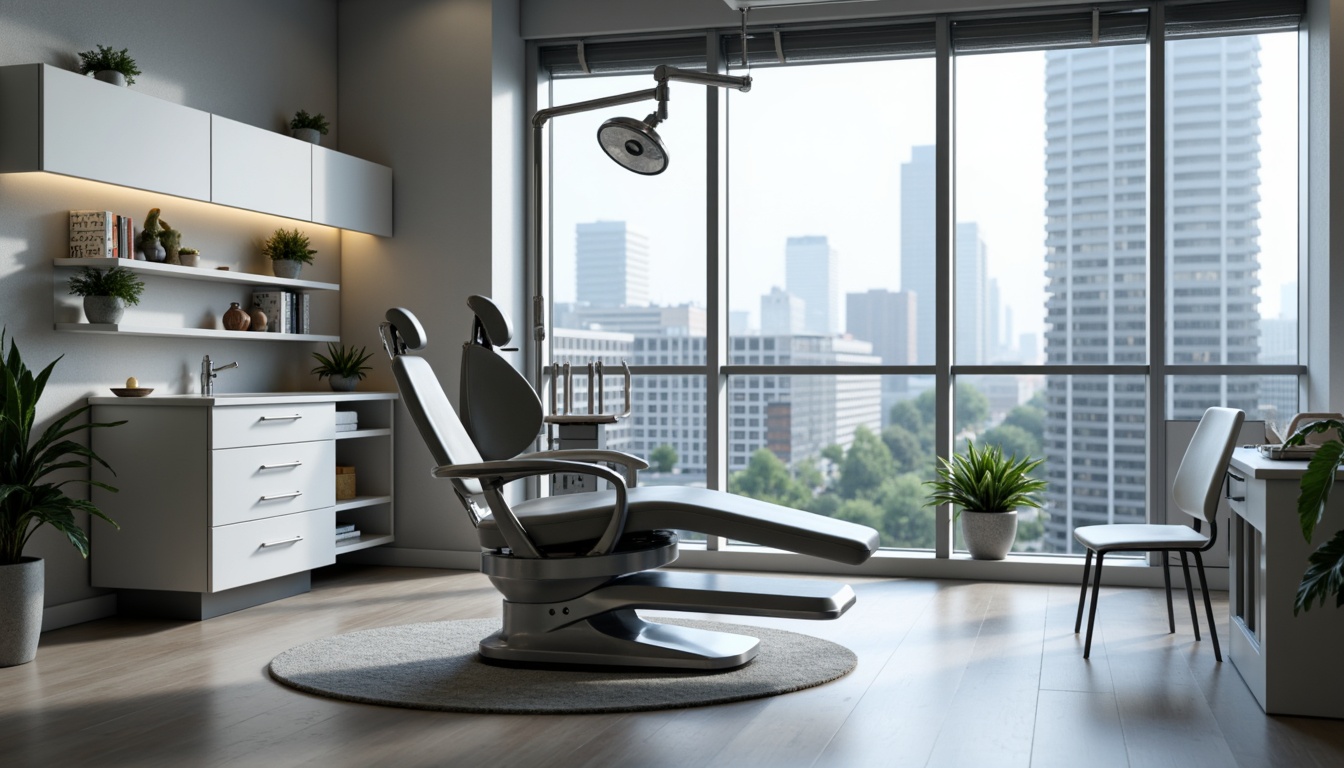 Prompt: Modern dental clinic, sleek metal chairs, adjustable armrests, comfortable cushions, hygienic upholstery, built-in tray tables, stainless steel equipment, LED lighting, calming color scheme, minimalist decor, large windows, natural light, cityscape views, 3/4 composition, shallow depth of field, realistic textures, ambient occlusion.