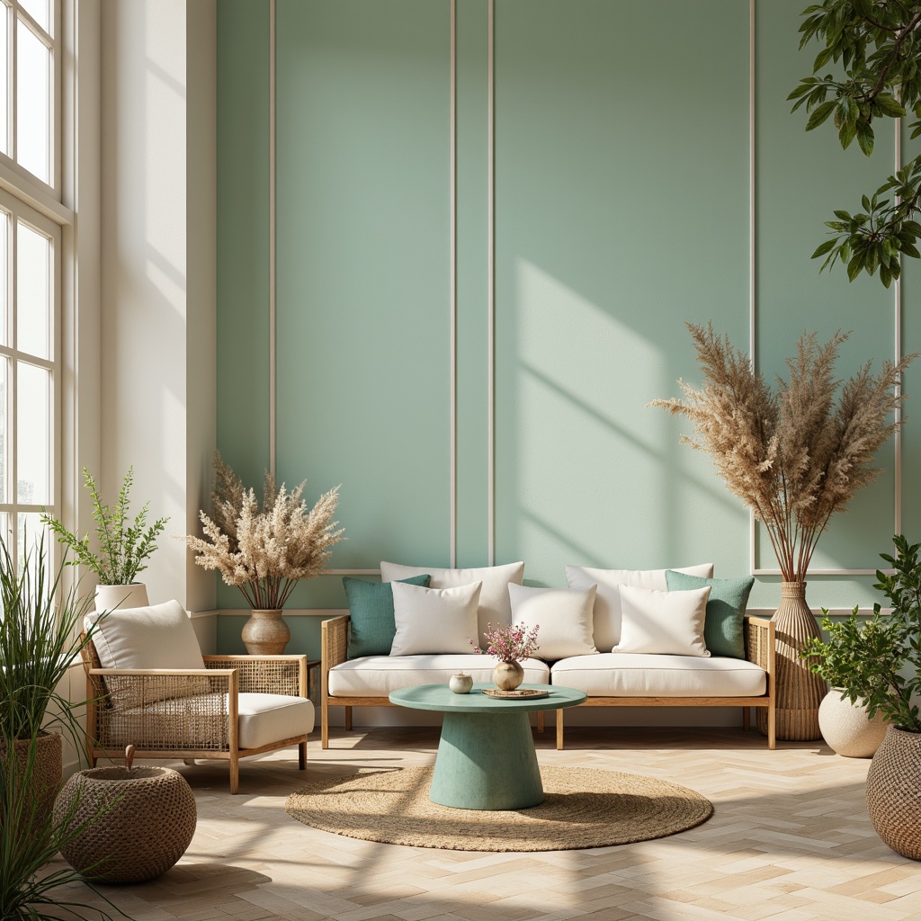 Prompt: Soft celadon hues, creamy whites, warm beige tones, rich turquoise accents, natural wood textures, woven rattan furniture, lush greenery, delicate florals, subtle gradient effects, gentle ombre transitions, soft focus blur, 1/1 composition, intimate close-up shots, warm golden lighting, relaxing ambiance.