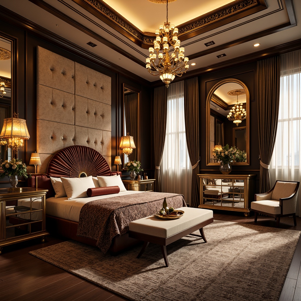 Prompt: Luxurious Art Deco bedroom, opulent furnishings, ornate mirrors, metallic accents, glamorous chandeliers, geometric patterns, rich velvet fabrics, bold color schemes, statement headboards, lavish drapery, sophisticated textures, intricate moldings, sunburst motifs, elegant curves, luxurious bedding, ambient soft lighting, warm golden tones, 1/1 composition, shallow depth of field, realistic render.