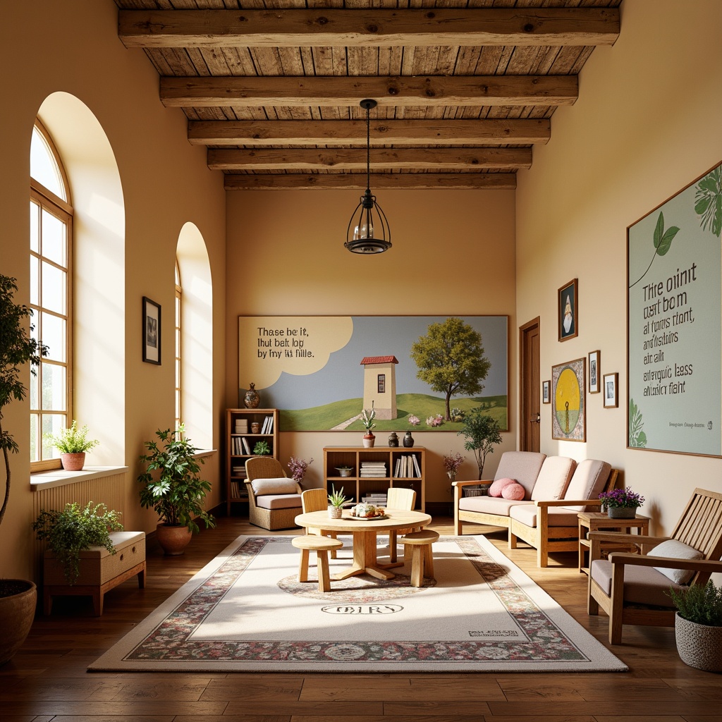 Prompt: Renaissance-style kindergarten, warm beige walls, elegant wooden furniture, soft pastel colors, intricate stone carvings, ornate ceilings, large windows, natural light, hardwood floors, distressed wood textures, vintage-inspired rugs, playful area rugs, educational wall art, inspirational quotes, cozy reading nooks, whimsical decorative accents, classic architectural details, gentle warm lighting, shallow depth of field, 1/1 composition, realistic materials, ambient occlusion.