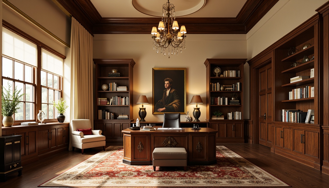 Prompt: Elegant home office, classicism style, warm beige walls, rich wood furniture, ornate desk lamps, bronze metal fixtures, crystal chandeliers, softbox lighting, creamy white shades, velvet drapes, antique clock, leather-bound books, vintage decorative items, traditional rug patterns, earthy tone color palette, 1/2 composition, dramatic shadowing, warm golden lighting, realistic textures, ambient occlusion.