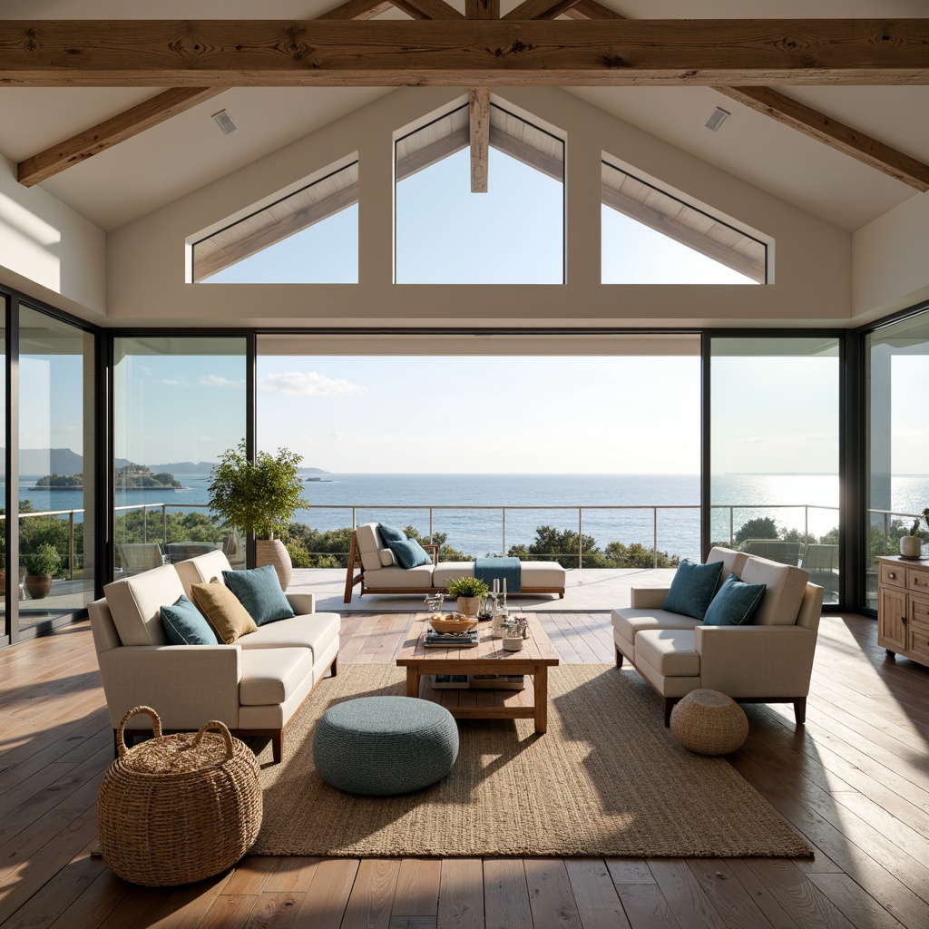 Prompt: Coastal-style living room, large windows, sliding glass doors, ocean views, natural light pouring in, soft warm glow, beachy vibes, driftwood furniture, sea-inspired color palette, calming blues and whites, textured linen fabrics, woven rattan accents, reclaimed wood flooring, organic shapes, minimal ornamentation, airy open layout, 3/4 composition, shallow depth of field, warm sunny day.