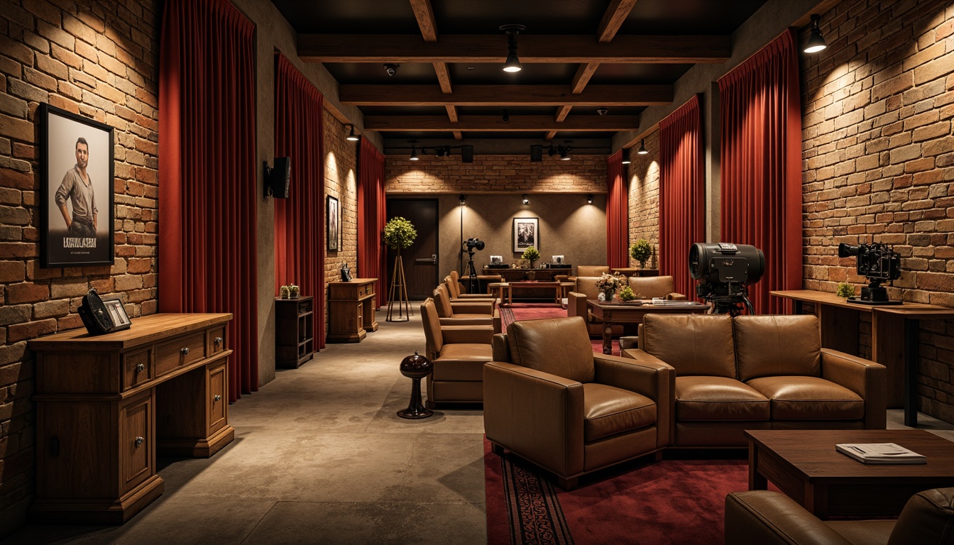 Prompt: Rustic cinema interior, reclaimed wood accents, distressed brick walls, earthy tone color palette, vintage film equipment, antique camera props, warm dim lighting, cozy seating areas, plush velvet curtains, rich leather upholstery, natural stone flooring, wooden beam ceilings, industrial metal fixtures, textured concrete columns, cinematic photo displays, nostalgic movie posters, soft warm glow, shallow depth of field, 1/1 composition, realistic textures, ambient occlusion.