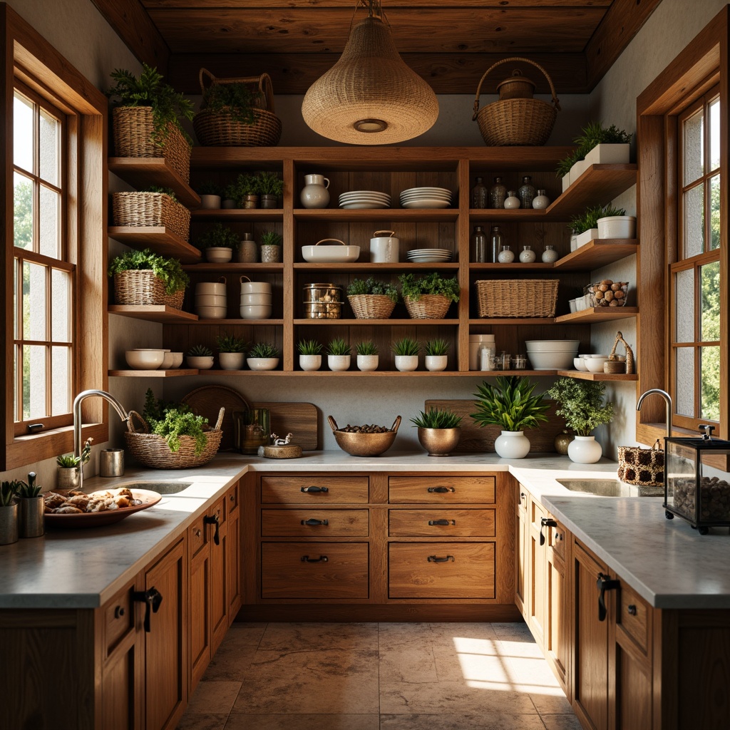 Prompt: Cozy pantry, warm wooden tones, soft overhead lighting, open shelving, rustic cabinets, vintage metal accents, woven baskets, ceramic storage jars, marble countertops, fresh herbs, natural stone flooring, earthy color palette, soft close-up shots, 1/1 composition, warm gentle lighting, realistic textures.