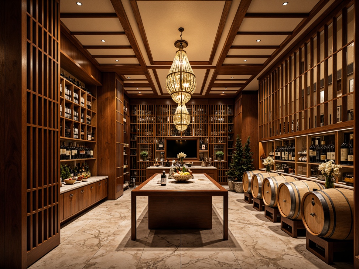 Prompt: Luxurious wine cellar, Art Deco style, metallic accents, ornate geometries, bold color schemes, opulent chandeliers, rich wood paneling, polished marble floors, lavish furnishings, curved lines, symmetrical compositions, dramatic lighting, warm golden tones, intimate atmosphere, vintage wine barrels, ornate metalwork, sophisticated textures, high-end finishes, elegant glassware, refined storage systems, exclusive ambiance.