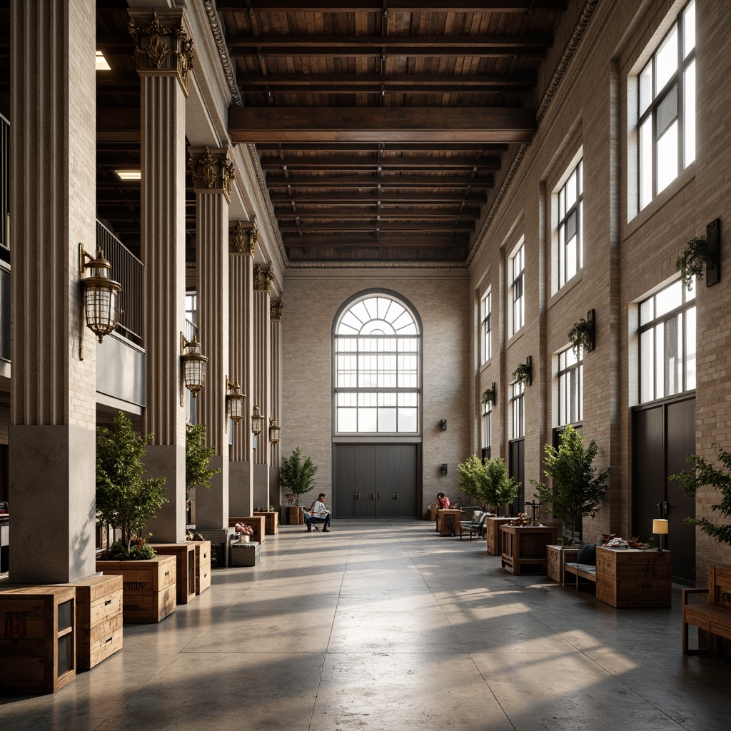 Prompt: Grand warehouse interior, neoclassical style, tall fluted columns, ornate capitals, polished marble floors, high ceilings, large arched windows, soft warm lighting, shallow depth of field, 3/4 composition, symmetrical layout, elegant chandeliers, refined industrial decor, metal accents, exposed ductwork, rustic wooden crates, vintage factory equipment, distressed brick walls, neutral color palette, subtle texture overlays.