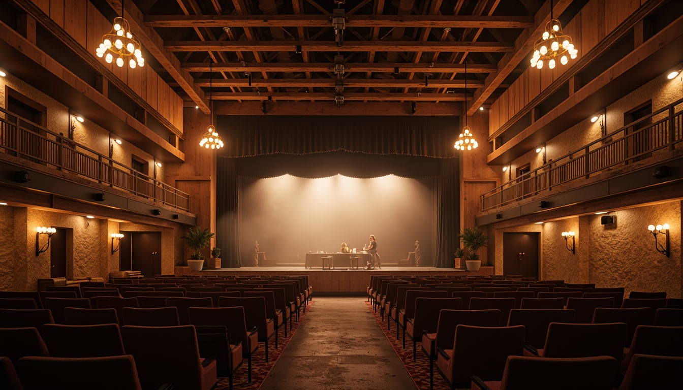 Prompt: Rustic performing arts center, wooden beam ceilings, vintage stage lights, warm candlelight, earthy tones, natural stone walls, reclaimed wood accents, cozy seating areas, velvet curtains, dimmable LED lighting, soft spotlighting, atmospheric fog effects, dramatic shadows, rustic metal fixtures, exposed ductwork, distressed finishes, warm color palette, intimate ambiance, 1/2 composition, shallow depth of field, soft focus, cinematic mood.