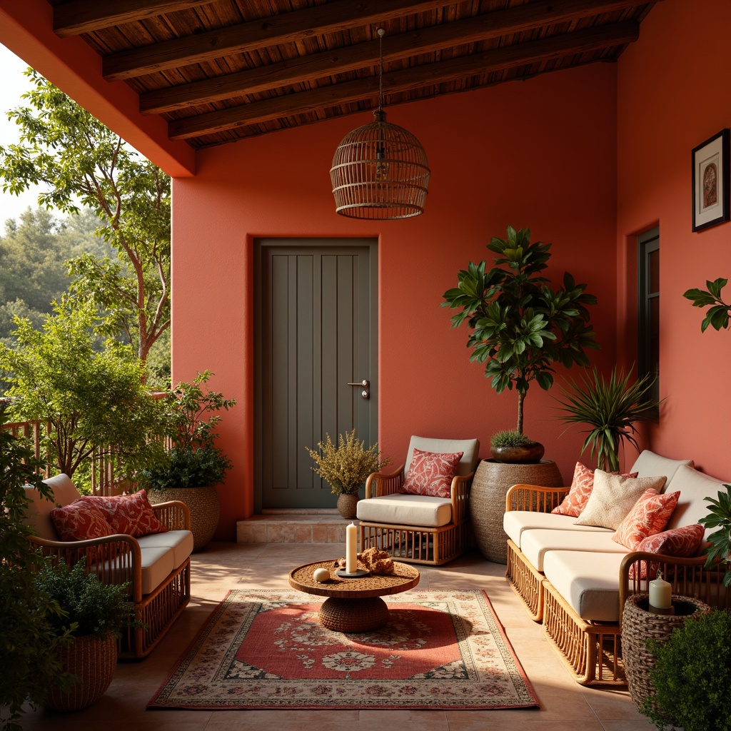 Prompt: Vibrant persimmon hues, warm golden light, rustic earthy tones, soft creamy whites, rich charcoal grays, bold coral accents, lush green foliage, natural wood textures, woven rattan furniture, bohemian eclectic decor, Moroccan-inspired patterns, cozy intimate ambiance, warm candlelight, shallow depth of field, 1/2 composition, cinematic color grading.