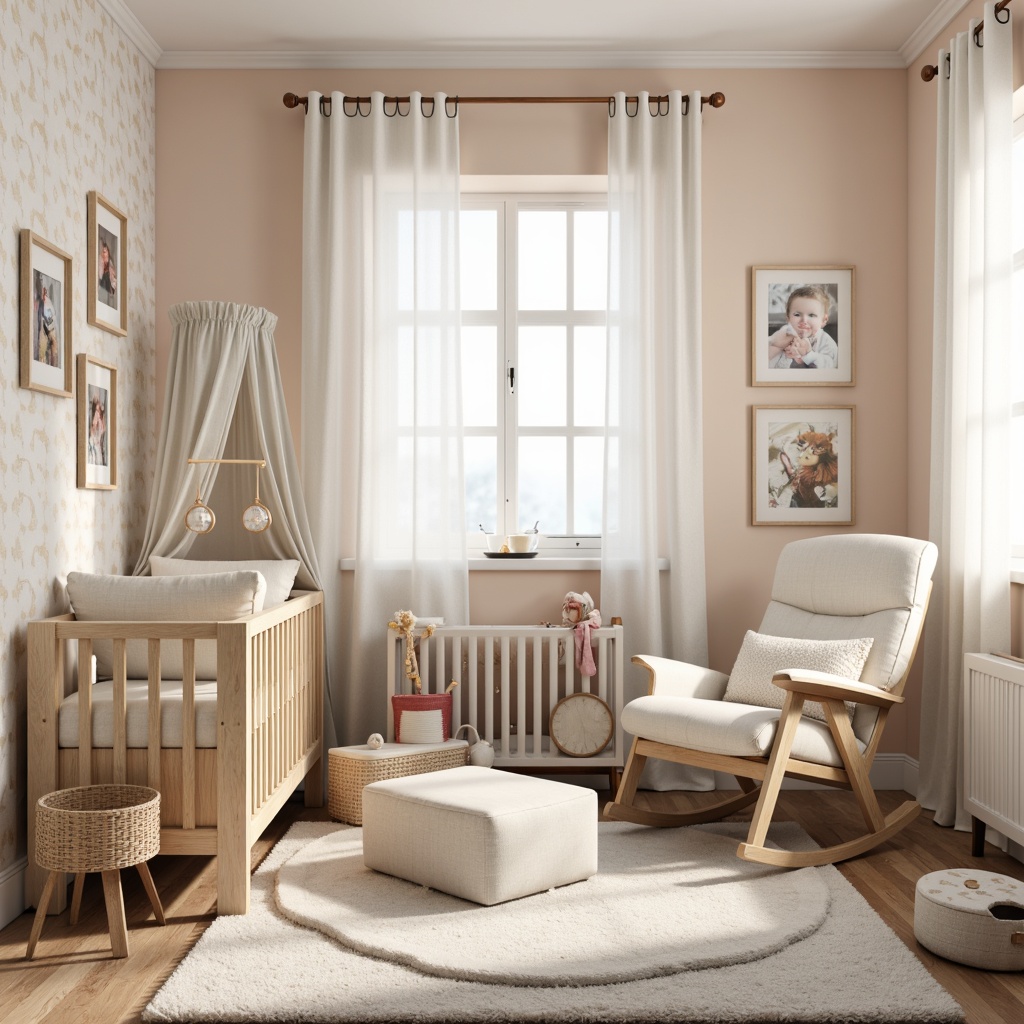 Prompt: Whimsical baby nursery, soft pastel colors, gentle lighting, plush area rug, comfortable glider rocker, cozy reading nook, storage ottoman, changing table, crib with canopy, sweet mobiles, framed family photos, calming nature-inspired wallpaper, subtle textures, soothing color palette, functional shelving units, accessible storage bins, minimalist decor, warm beige tones, inviting ambiance, shallow depth of field, 1/1 composition, softbox lighting.