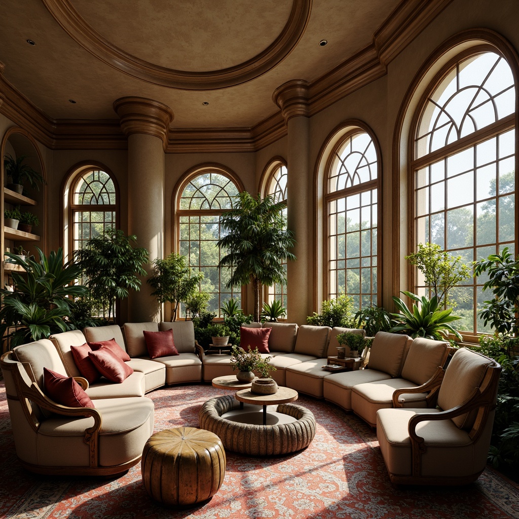 Prompt: Luxurious family room, curved lines, ornate details, flowing organic forms, velvet sofas, intricately carved wooden chairs, polished bronze accents, stained glass windows, lush greenery, warm golden lighting, soft plush rugs, richly patterned textiles, elegant archways, decorative molding, sinuous shapes, natural materials, earthy tones, cozy reading nooks, intimate seating areas, subtle color palette, sophisticated ambiance.