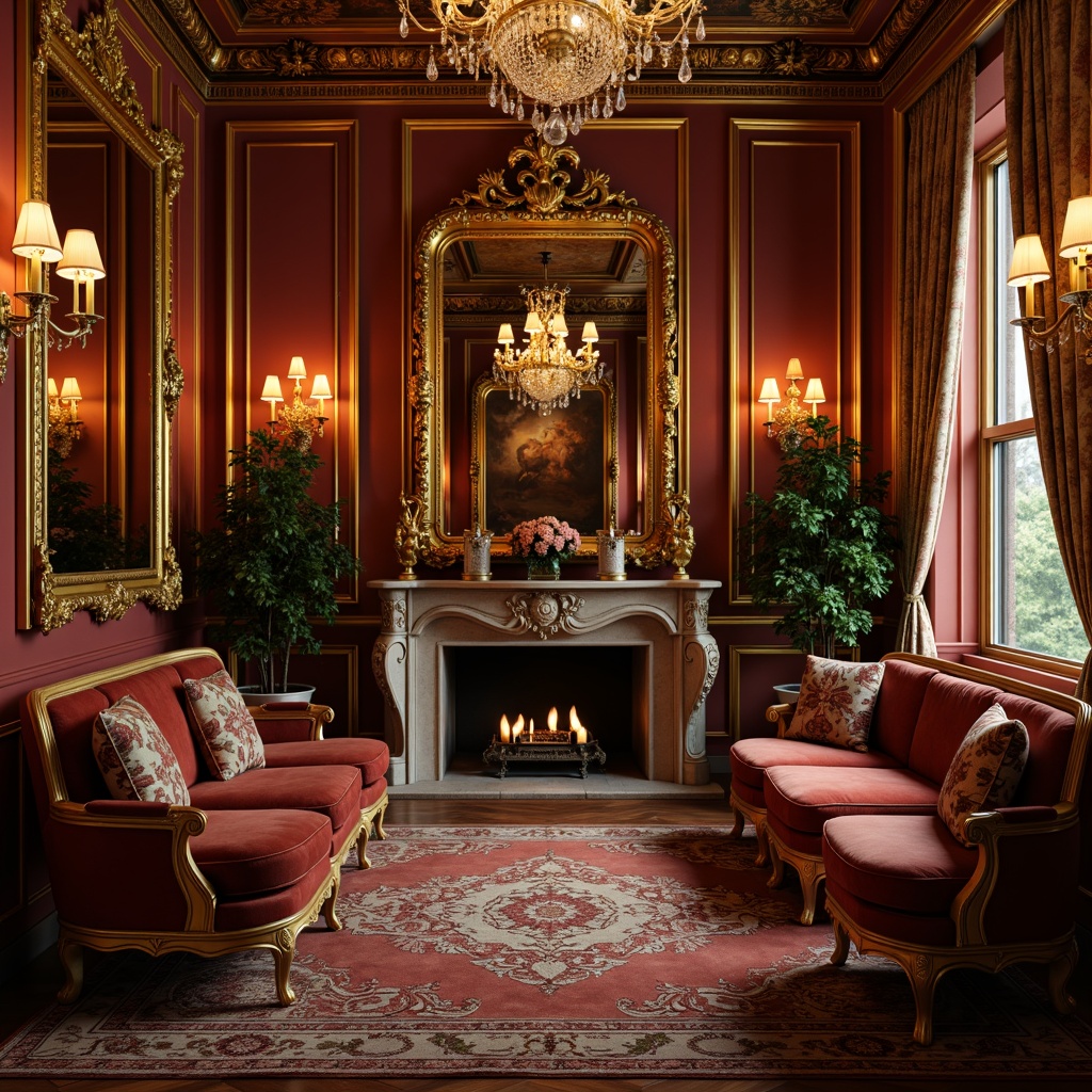 Prompt: Ornate golden frames, luxurious velvet upholstery, rich wood tones, intricately carved wooden legs, curved lines, gilded accents, ornamental mirrors, crystal chandeliers, plush cushions, lavish drapery, warm ambient lighting, soft focus, shallow depth of field, 1/2 composition, intimate atmosphere, elegant curves, Rococo-inspired patterns.