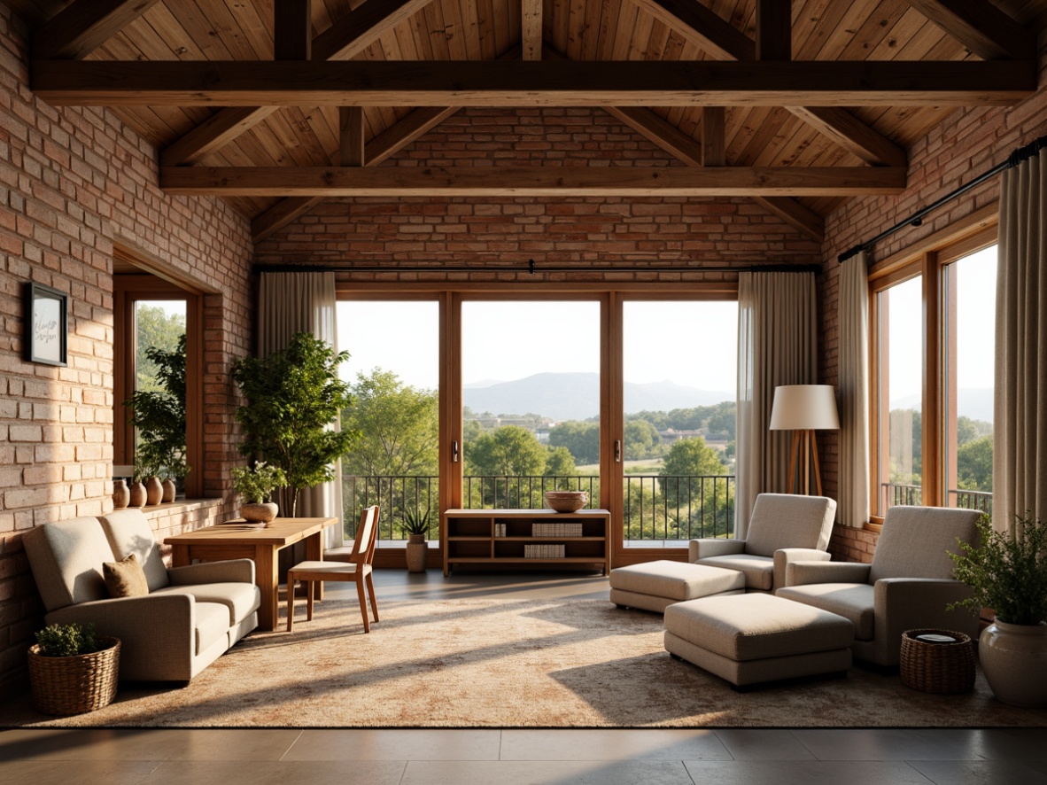 Prompt: Rustic farmhouse interior, natural wood accents, exposed beams, brick walls, large windows, sliding glass doors, cozy reading nooks, plush armchairs, vintage decor, distressed finishes, earthy color palette, soft warm lighting, shallow depth of field, 3/4 composition, panoramic view, realistic textures, ambient occlusion, countryside views, rolling hills, green pastures, sunny day.