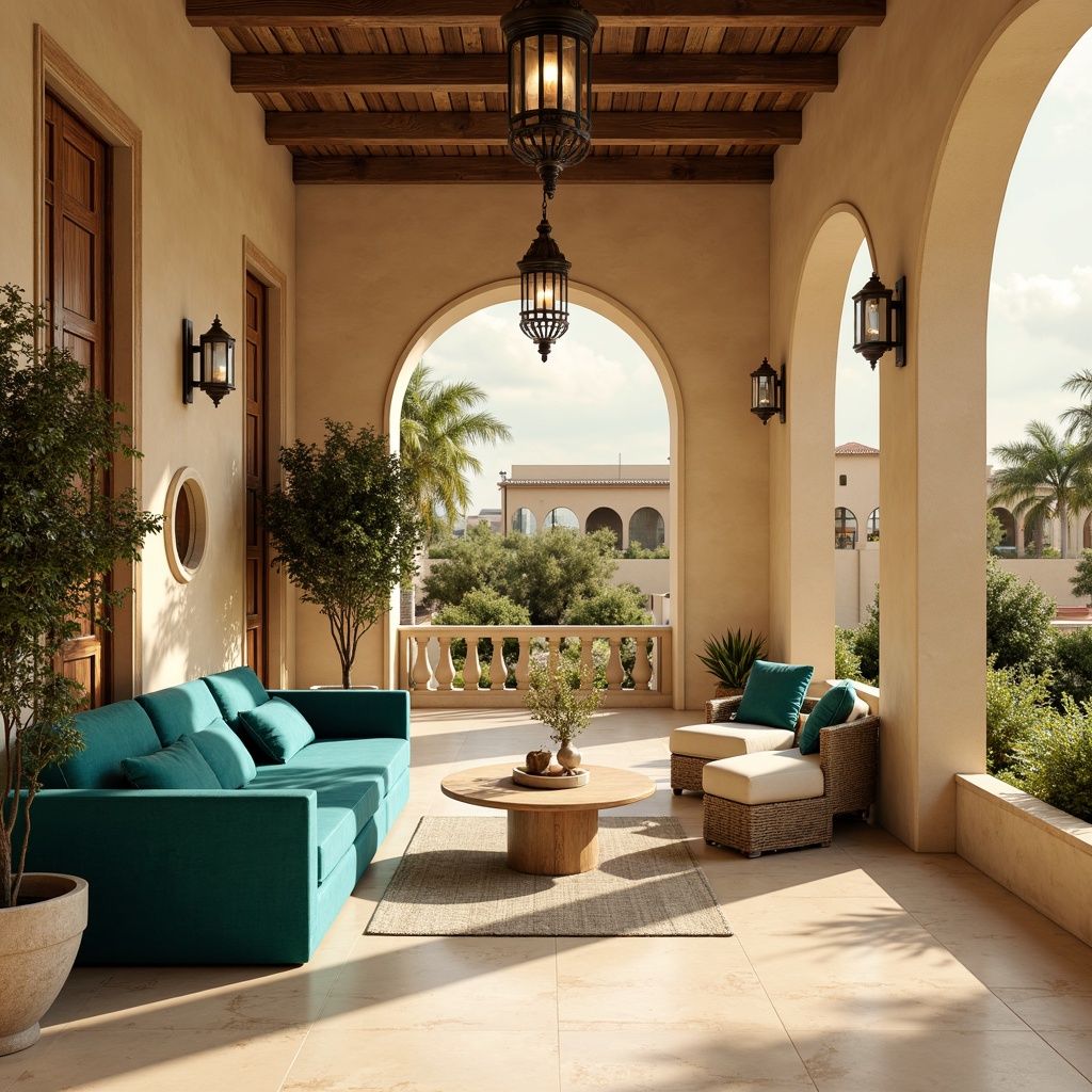 Prompt: Light-filled open space, Mediterranean inspired interior design, warm beige walls, creamy marble floors, natural stone archways, ornate wooden doors, rustic metal lanterns, plush velvet furniture, vibrant turquoise accents, lush greenery, potted olive trees, soft golden lighting, shallow depth of field, 1/2 composition, cinematic view, realistic textures, ambient occlusion.