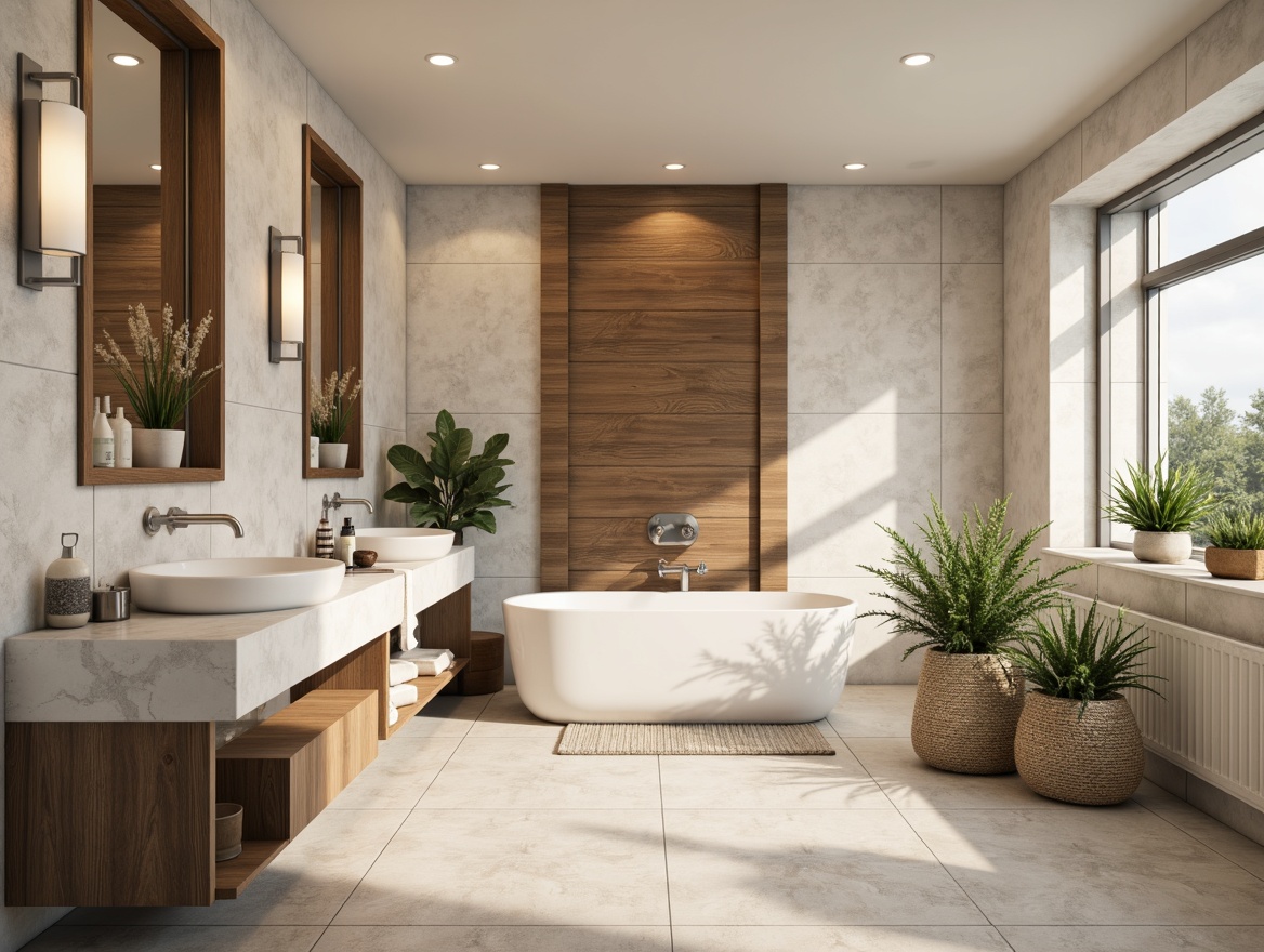 Prompt: Soft bathroom ambiance, warm creamy whites, gentle grayish blues, rich wooden accents, elegant marble countertops, chrome fixtures, spa-like atmosphere, natural stone flooring, plants in wicker baskets, warm LED lighting, 1/1 composition, shallow depth of field, realistic textures, ambient occlusion.