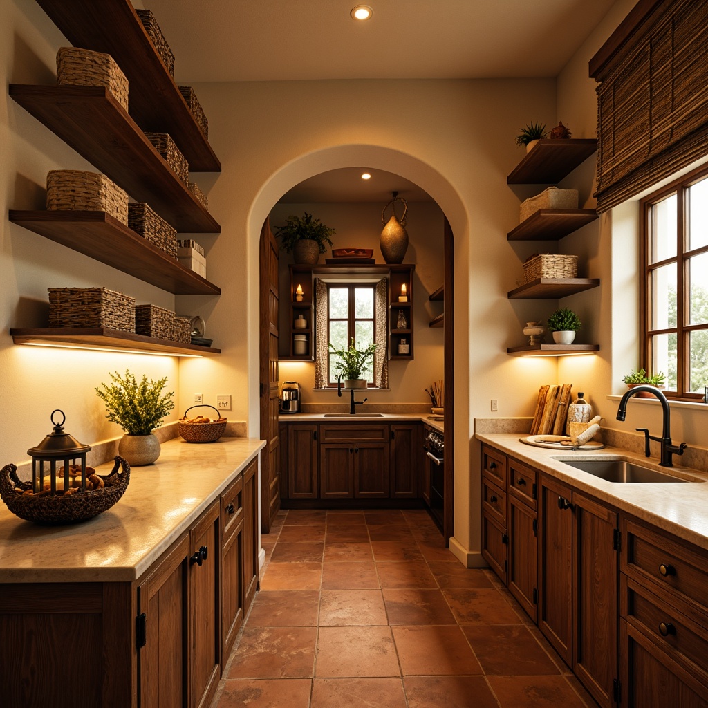 Prompt: Warm pantry, soft golden lighting, rustic wooden shelves, woven baskets, vintage metal lanterns, creamy white walls, earthy terracotta floors, warm beige countertops, ornate metal hardware, ambient warm glow, subtle shadows, cozy nooks, inviting aromas, soft instrumental background music, 1/2 composition, realistic textures, natural light simulation.