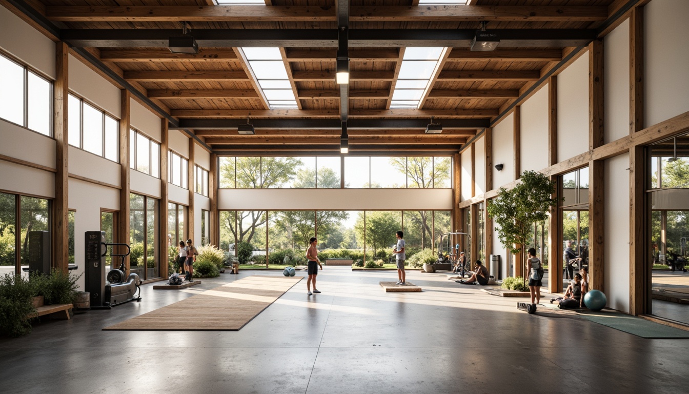 Prompt: Minimalist gym interior, natural wood accents, large windows, abundant daylight, polished concrete floors, industrial metal beams, open-plan layout, mirrored walls, modern fitness equipment, free weights, cardio machines, yoga mats, wooden gymnastics floor, high ceilings, clerestory windows, soft warm lighting, shallow depth of field, 3/4 composition, panoramic view, realistic textures, ambient occlusion.