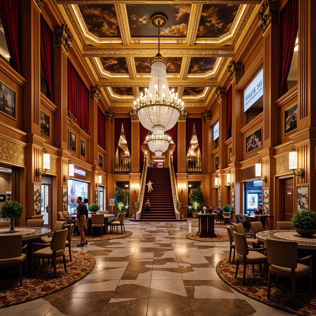 Prompt: Luxurious casino interior, ornate golden accents, intricate moldings, lavish chandeliers, rich velvet drapes, grand staircase, polished marble floors, sparkling crystal fixtures, opulent furnishings, neoclassical architecture, Corinthian columns, frescoed ceilings, warm ambient lighting, shallow depth of field, 1/1 composition, realistic textures, subtle camera movements.