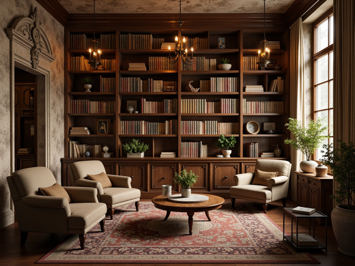 Prompt: Rustic wooden bookshelves, vintage leather-bound books, soft warm lighting, ornate golden lanterns, plush velvet armchairs, distressed stone walls, richly patterned rugs, French country-style furniture, carved wooden accents, natural linen upholstery, subtle floral patterns, earthy color palette, cozy reading nooks, classic novels, antique clock towers, aged parchment textures, warm beige tones, gentle ambient illumination, 1/1 composition, intimate atmosphere.