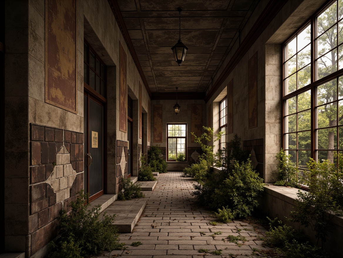 Prompt: Richly textured walls, weathered stone facades, rusty metal accents, distressed wood panels, tactile brick surfaces, organic earthy tones, natural materials palette, warm ambient lighting, subtle shadows, atmospheric perspective, 3/4 composition, cinematic depth of field, realistic normal maps, detailed bump mapping, intricate stonework patterns, moss-covered walls, overgrown vegetation, mysterious abandoned atmosphere, eerie misty ambiance.