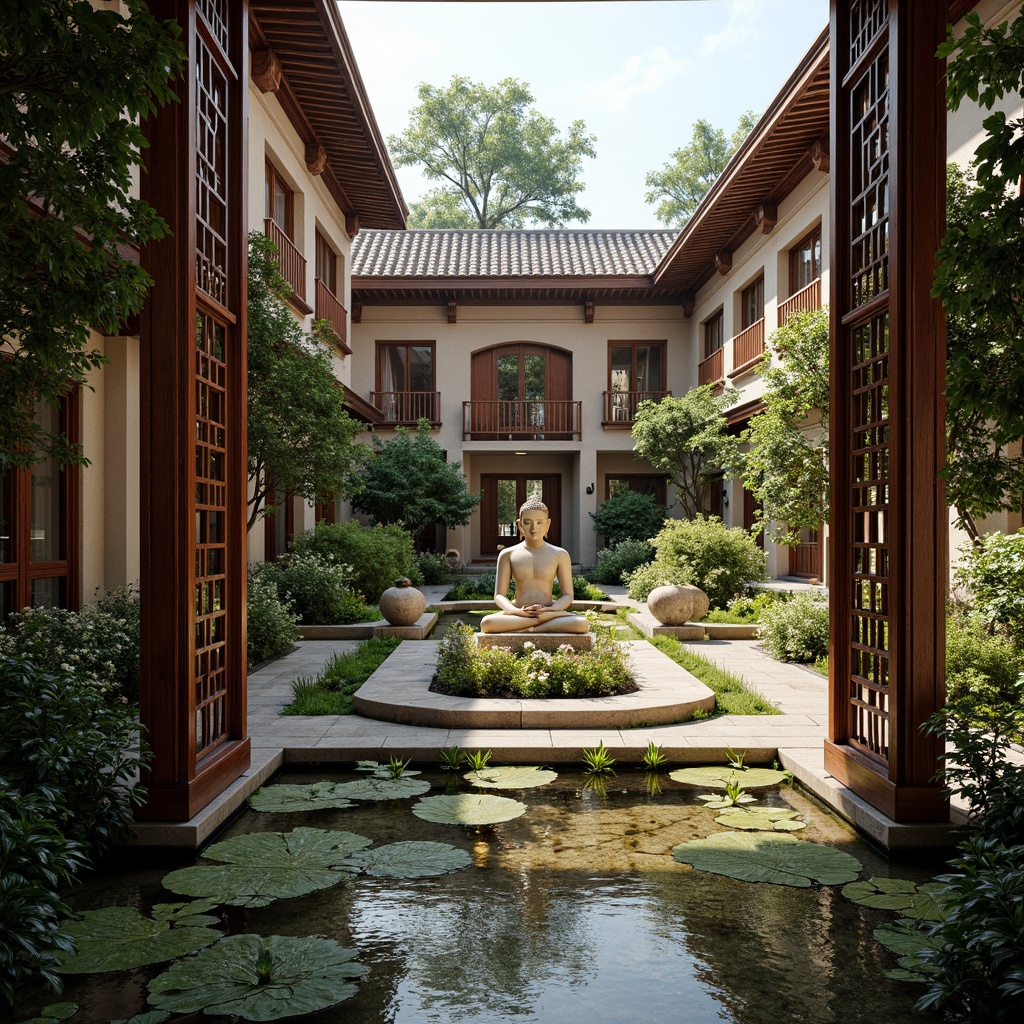 Prompt: Serenity-filled monastery courtyard, intricately carved wooden gates, tranquil koi ponds, lush greenery, vibrant flowers, lantern-lined walkways, rustic stone walls, curved tile roofs, ornate pagodas, peaceful Buddha statues, natural wood accents, earthy tone color palette, soft warm lighting, shallow depth of field, 3/4 composition, panoramic view, realistic textures, ambient occlusion.