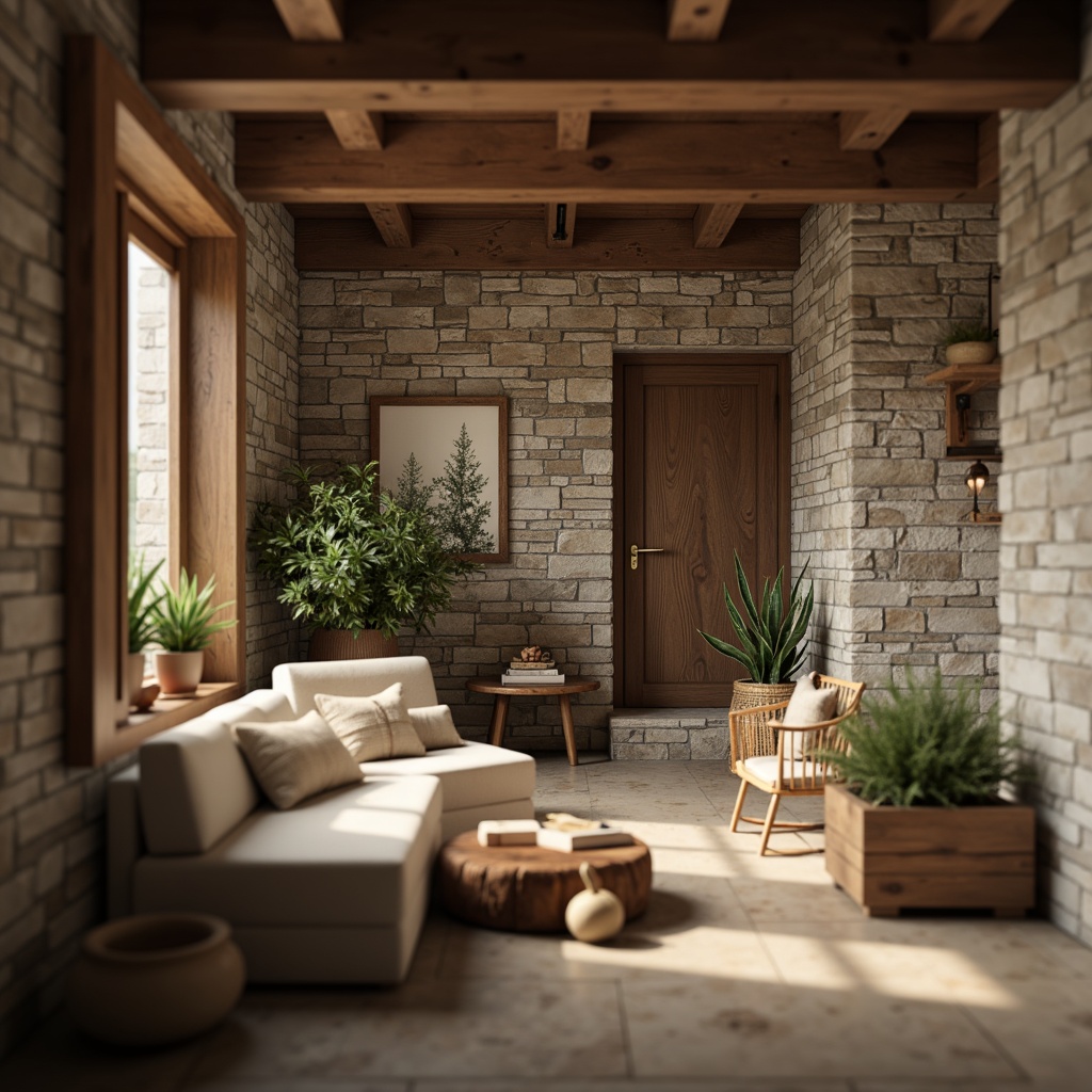 Prompt: Rustic modern interior, textured stone walls, earthy tones, natural materials, wooden accents, cozy ambiance, warm lighting, shallow depth of field, 1/2 composition, soft focus, realistic render, ambient occlusion, detailed normal maps.