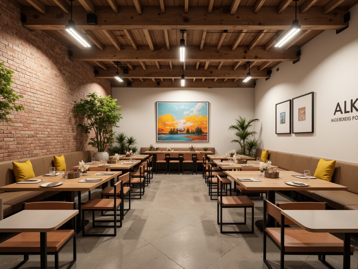 Prompt: Minimalist dining hall, wooden tables, tubular steel chairs, leather upholstery, geometric patterns, primary color accents, industrial lighting fixtures, exposed brick walls, polished concrete floors, functional simplicity, clean lines, rectangular shapes, decorative typography, abstract artwork, warm beige tones, natural materials, subtle textures, soft diffused lighting, 1/1 composition, realistic renderings.