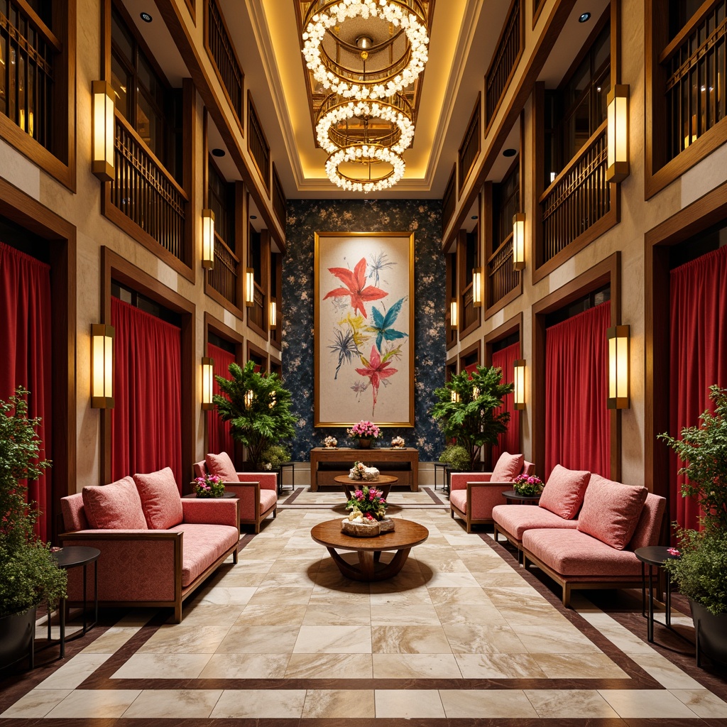 Prompt: Vibrant hospitality lobby, rich velvet fabrics, warm golden lighting, ornate metalwork, bold geometric patterns, luxurious marble floors, grand chandeliers, plush couches, eclectic art pieces, whimsical sculptures, intricate wooden accents, lavish floral arrangements, soft pastel colors, delicate lace details, opulent drapery, dramatic ceiling heights, expressive brushstroke textures, abstract expressionist artwork, dynamic composition, 1/2 camera angle, warm color grading, cinematic lighting.