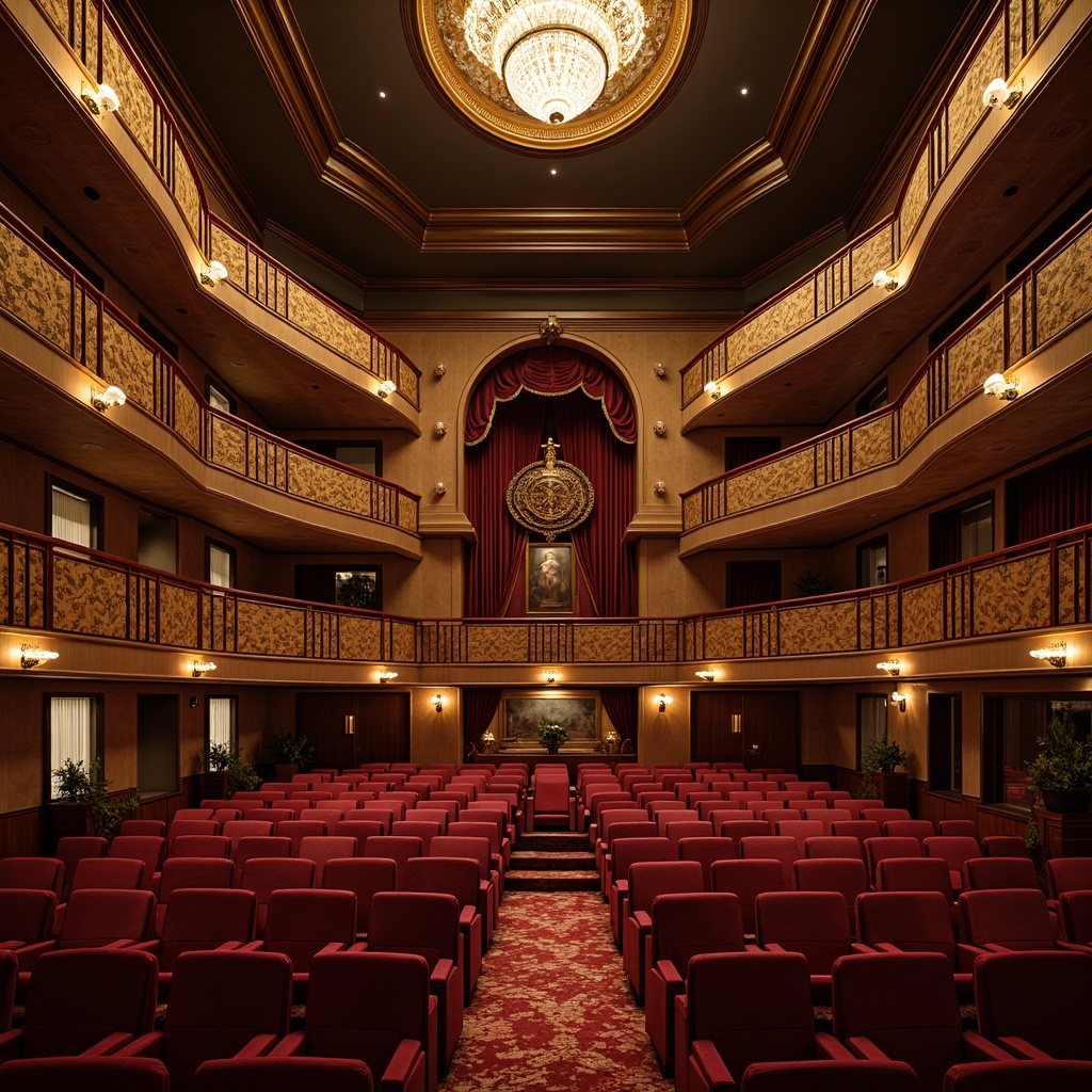 Prompt: Luxurious theater interior, plush velvet seats, ornate golden balconies, rich wood accents, sound-absorbing panels, acoustic diffusers, strategically placed speakers, optimal room dimensions, non-parallel walls, angled ceilings, resonance-free surfaces, precise sound calibration, immersive audio experience, intimate performance space, warm atmospheric lighting, subtle color scheme, sophisticated architectural details.