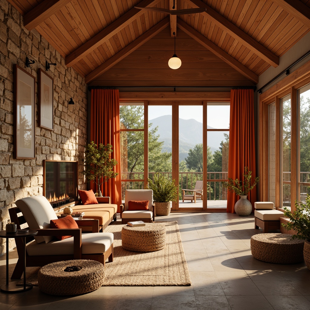 Prompt: Vibrant persimmon hues, warm orange tones, earthy terracotta accents, creamy beige backgrounds, rich brown wood textures, lush green foliage, natural stone walls, rustic outdoor settings, cozy cabin-inspired interiors, autumnal forest landscapes, soft golden lighting, shallow depth of field, 1/1 composition, realistic rendering, ambient occlusion.