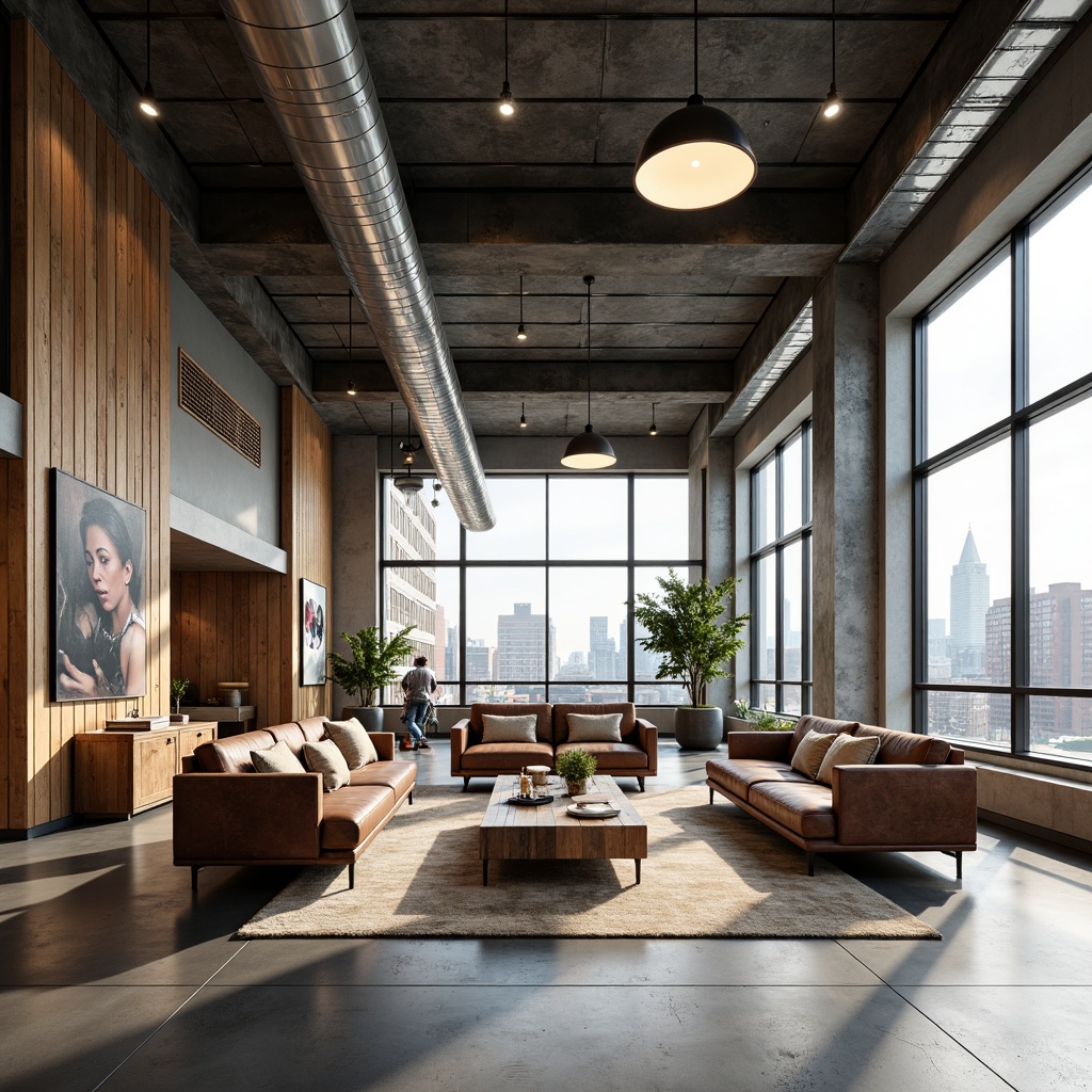 Prompt: Exposed ductwork, industrial chic decor, reclaimed wood accents, metal beams, polished concrete floors, floor-to-ceiling windows, city skyline views, modern minimalist furniture, sleek low-profile lighting, urban loft atmosphere, spacious open layout, eclectic art pieces, distressed leather sofas, metallic tone color scheme, airy feel, natural light pouring in, 1/1 composition, wide-angle lens, realistic reflections, ambient Occlusion.