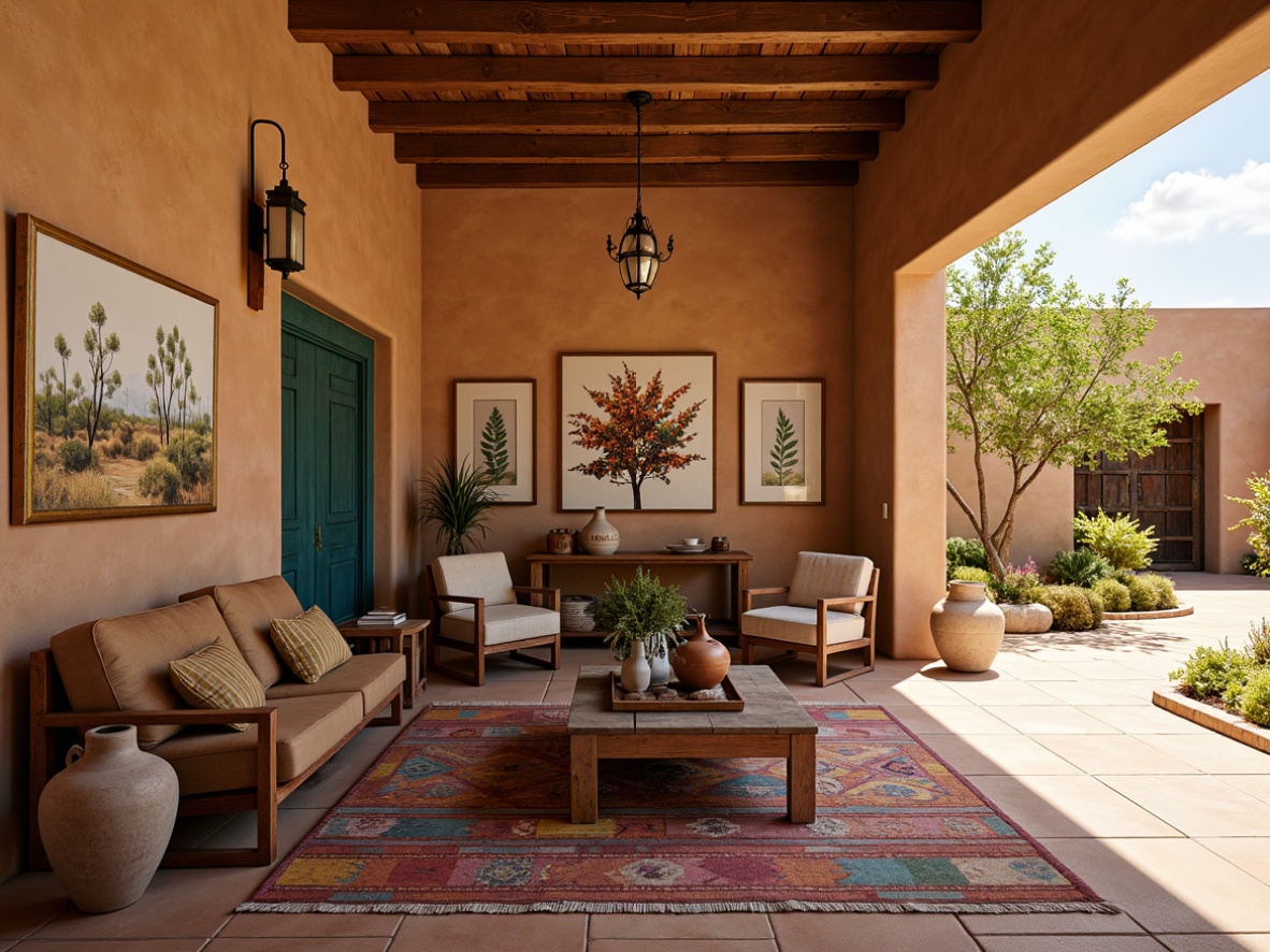 Prompt: Earth-toned adobe walls, turquoise accents, woven Native American blankets, rustic wooden furniture, vintage leather armchairs, colorful Serape throws, geometric patterned rugs, desert-inspired botanical prints, natural fiber textiles, distressed wood coffee tables, clay pottery vases, wrought iron lighting fixtures, warm terracotta floor tiles, sunny open spaces, shallow depth of field, 3/4 composition, warm golden lighting.