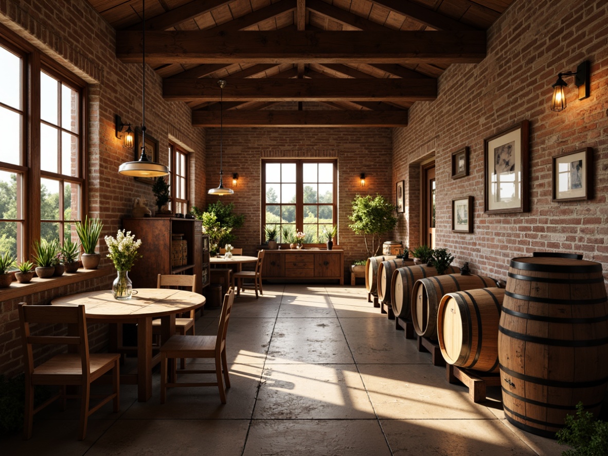 Prompt: Rustic winery, wooden barrels, vintage wine-making equipment, earthy tones, warm ambient lighting, pendant lamps, metal lanterns, soft warm glow, industrial chic decor, exposed brick walls, high ceilings, wooden beams, natural stone floors, large windows, vineyard views, sunny day, soft shadows, realistic textures, ambient occlusion.