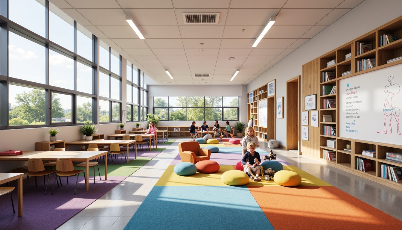 Prompt: Vibrant elementary school interior, flexible seating arrangements, modular furniture, writable walls, collaborative learning spaces, colorful rugs, soft cushions, wooden tables, ergonomic chairs, interactive whiteboards, floor-to-ceiling windows, natural light, open shelves, playful decorative elements, inspiring quotes, student artwork displays, modern architectural design, minimalist aesthetics, bright color schemes, warm atmosphere, shallow depth of field, 3/4 composition, realistic textures.