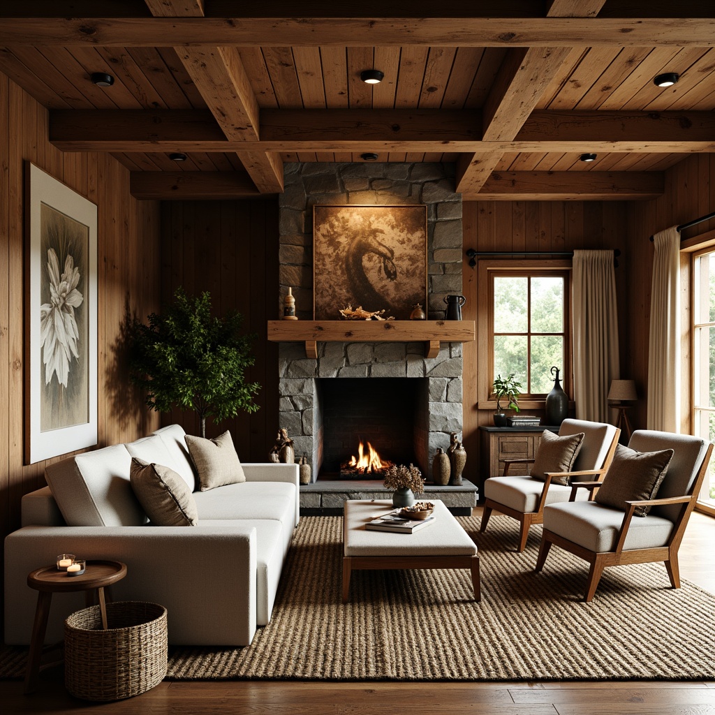 Prompt: Rustic cabin, wooden accents, reclaimed wood walls, stone fireplaces, earthy tones, natural fabrics, woven textiles, jute rugs, linen upholstery, distressed wood furniture, metal hardware, vintage decorations, candle lighting, warm ambient glow, cozy atmosphere, 1/1 composition, shallow depth of field, realistic textures, ambient occlusion.