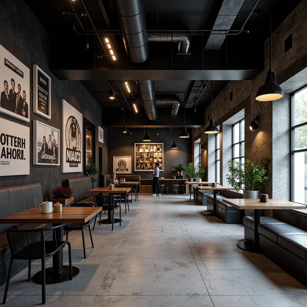 Prompt: Industrial-chic dining hall, minimalist tables, metal chairs, bold typography, geometric patterns, monochromatic color scheme, exposed ductwork, concrete floors, suspended lighting fixtures, cylindrical shades, matte black finishes, warm white LEDs, diffused light distribution, atmospheric ambiance, 1/1 composition, realistic reflections, subtle shadows.