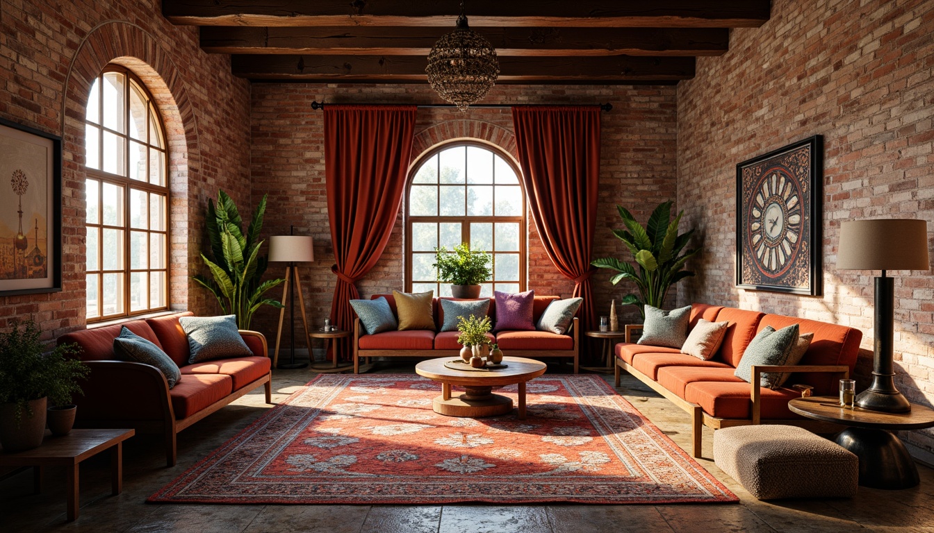 Prompt: Richly patterned rugs, distressed wood flooring, vintage Moroccan tiles, eclectic mix of furniture styles, bold colorful upholstery, antique decorative accents, ornate metalwork, lavish velvet drapes, reclaimed wooden beams, exposed brick walls, industrial metal lighting, bohemian-inspired textiles, globally sourced artifacts, abstract artwork, warm golden lighting, shallow depth of field, 1/2 composition, realistic textures, ambient occlusion.