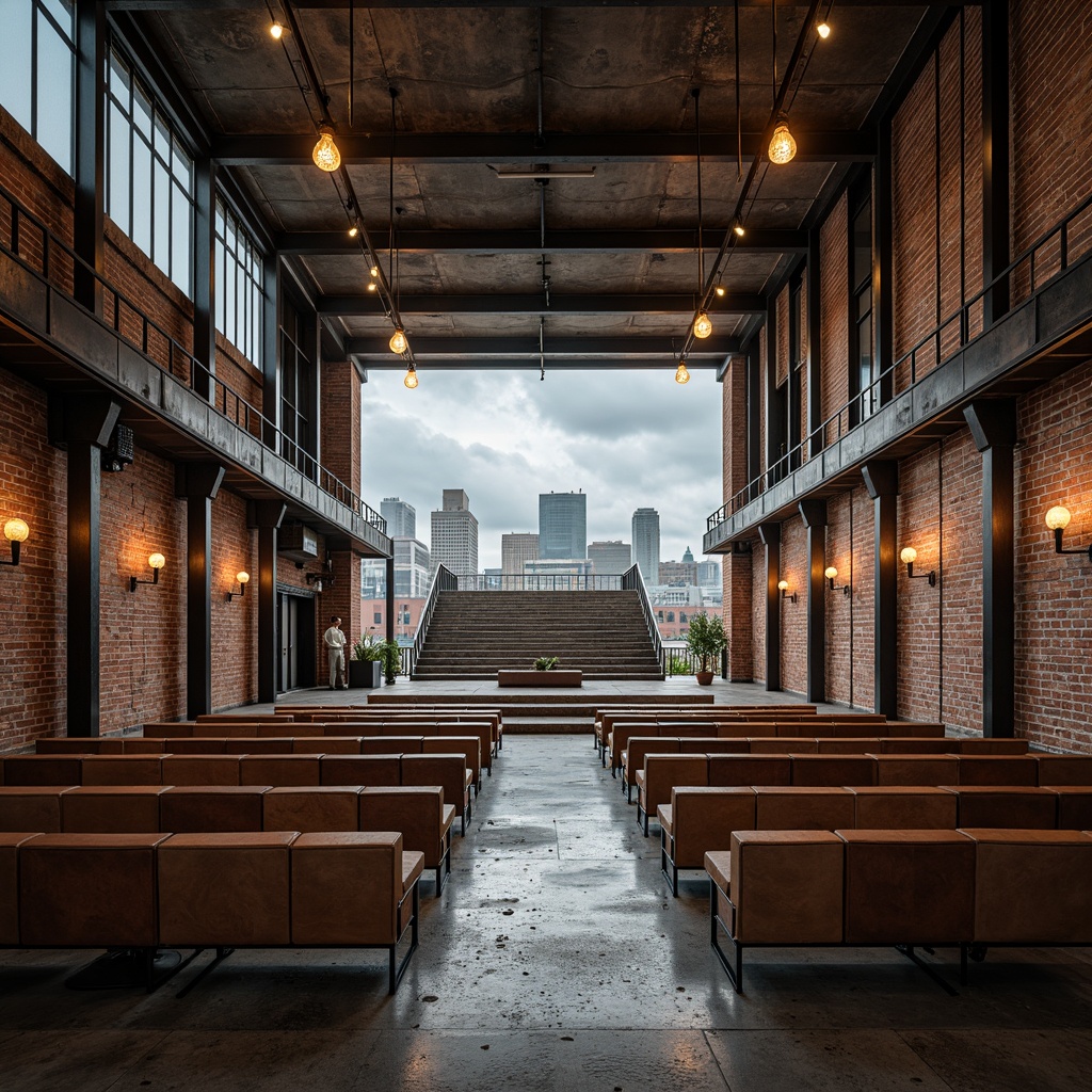 Prompt: Rustic industrial amphitheater, exposed brick walls, steel beams, reclaimed wood accents, metal mesh panels, concrete floors, distressed leather seating, vintage factory lamps, Edison bulb lighting, urban cityscape backdrop, cloudy overcast day, dramatic high-contrast lighting, shallow depth of field, 2/3 composition, cinematic camera angles, realistic textures, advanced ambient occlusion.