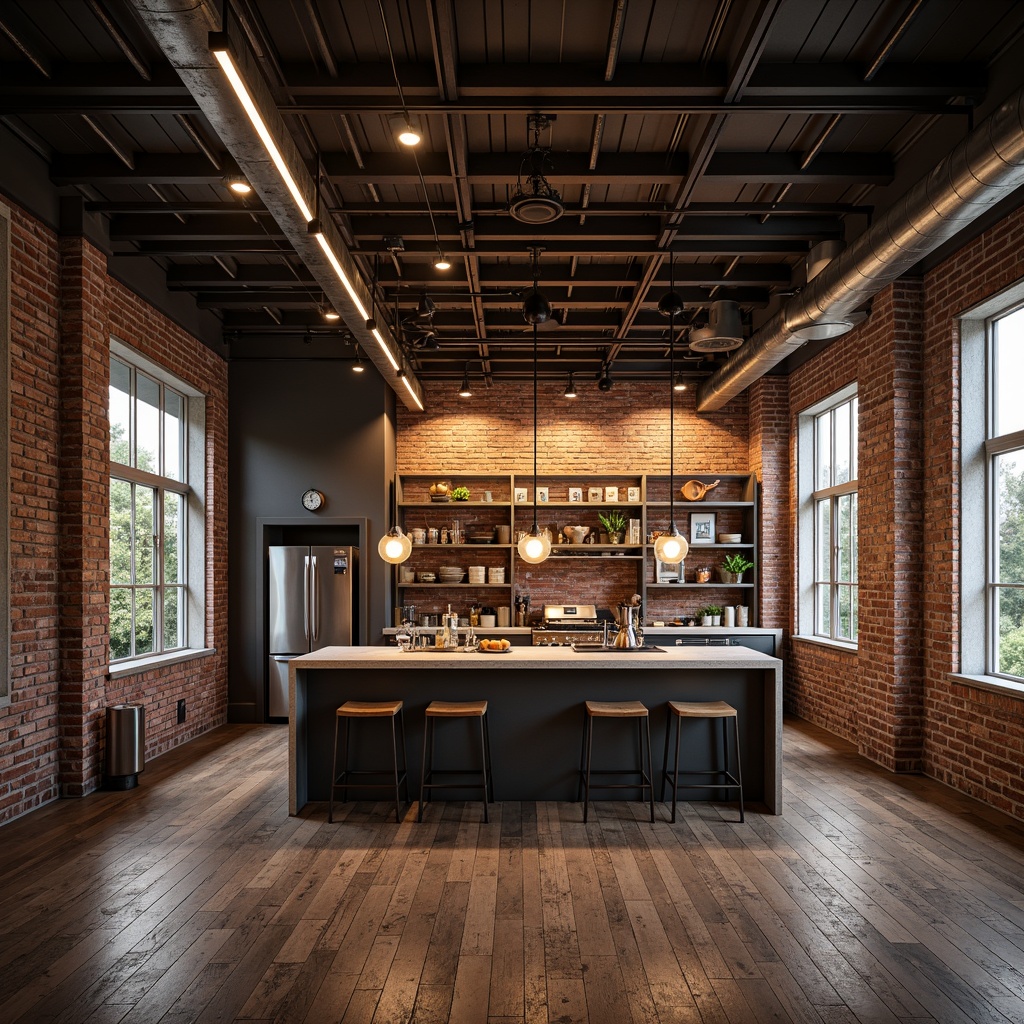 Prompt: Exposed brick walls, industrial metal beams, reclaimed wood floors, urban loft atmosphere, high ceilings, functional lighting fixtures, metal shade lamps, Edison bulb pendants, concrete columns, distressed finishes, modern minimalism, task-oriented lighting, spotlights on tracks, LED strips under shelves, warm color temperature, ambient glow, dramatic shadows, 1/1 composition, realistic reflections, subtle texture noise.