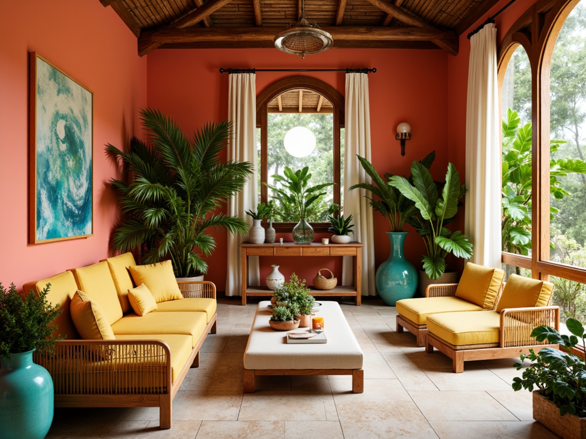 Prompt: Vibrant tropical interior, lush greenery, exotic plants, warm natural light, bright coral walls, rich wood accents, woven rattan furniture, creamy white curtains, bold turquoise decorative accessories, sunny yellow textiles, soft peach tones, coastal-inspired color scheme, warm beige flooring, refreshing mint green hues, pops of citrus orange, calming ocean blue undertones, natural material textures, organic shapes, laid-back atmosphere.