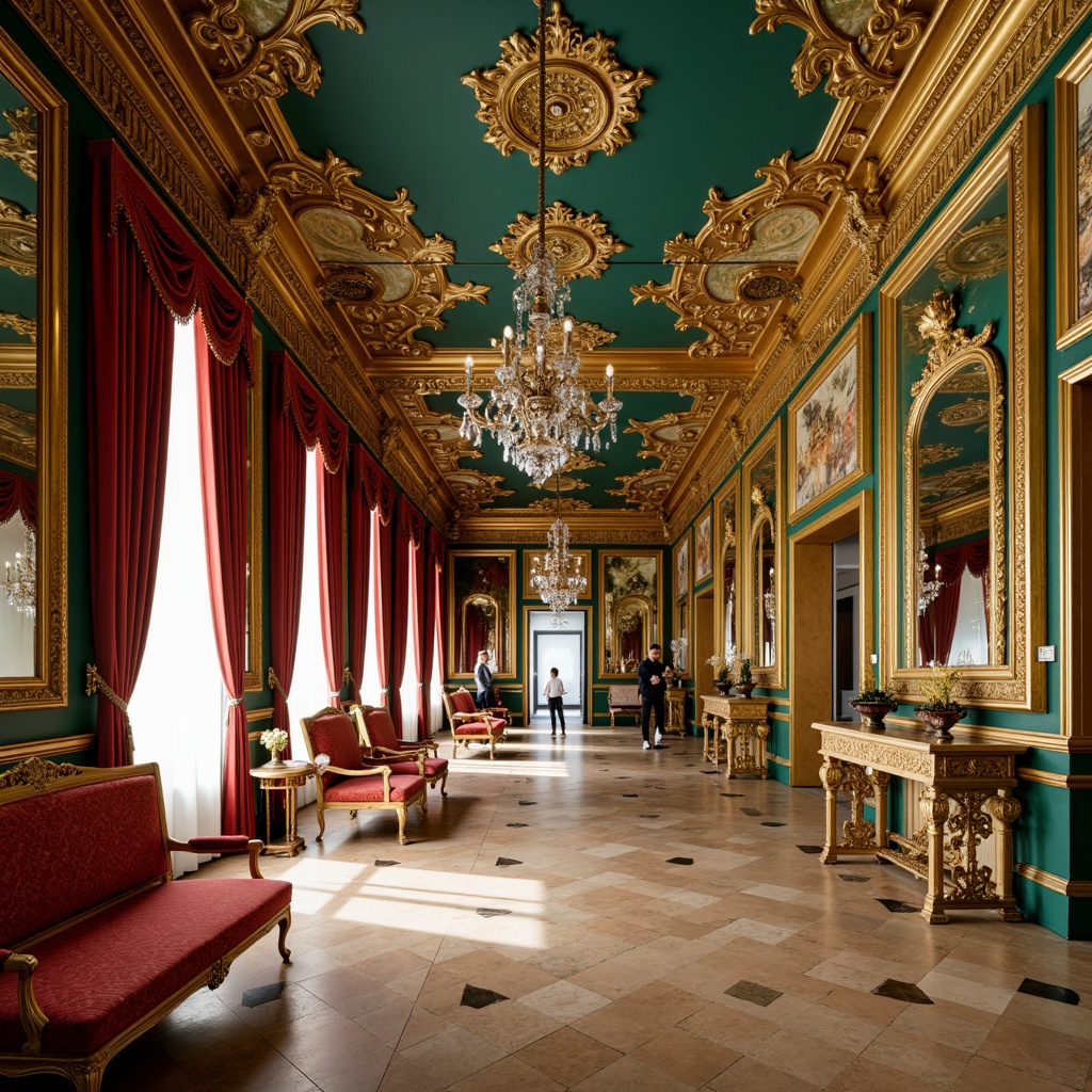 Prompt: Richly ornate baroque interior, lavish golden accents, intricate carvings, luxurious velvet fabrics, jewel-toned colors, emerald green walls, ruby red drapes, sapphire blue ceilings, warm beige marble floors, ornate mirrors, crystal chandeliers, soft warm lighting, shallow depth of field, 1/2 composition, realistic textures, ambient occlusion.