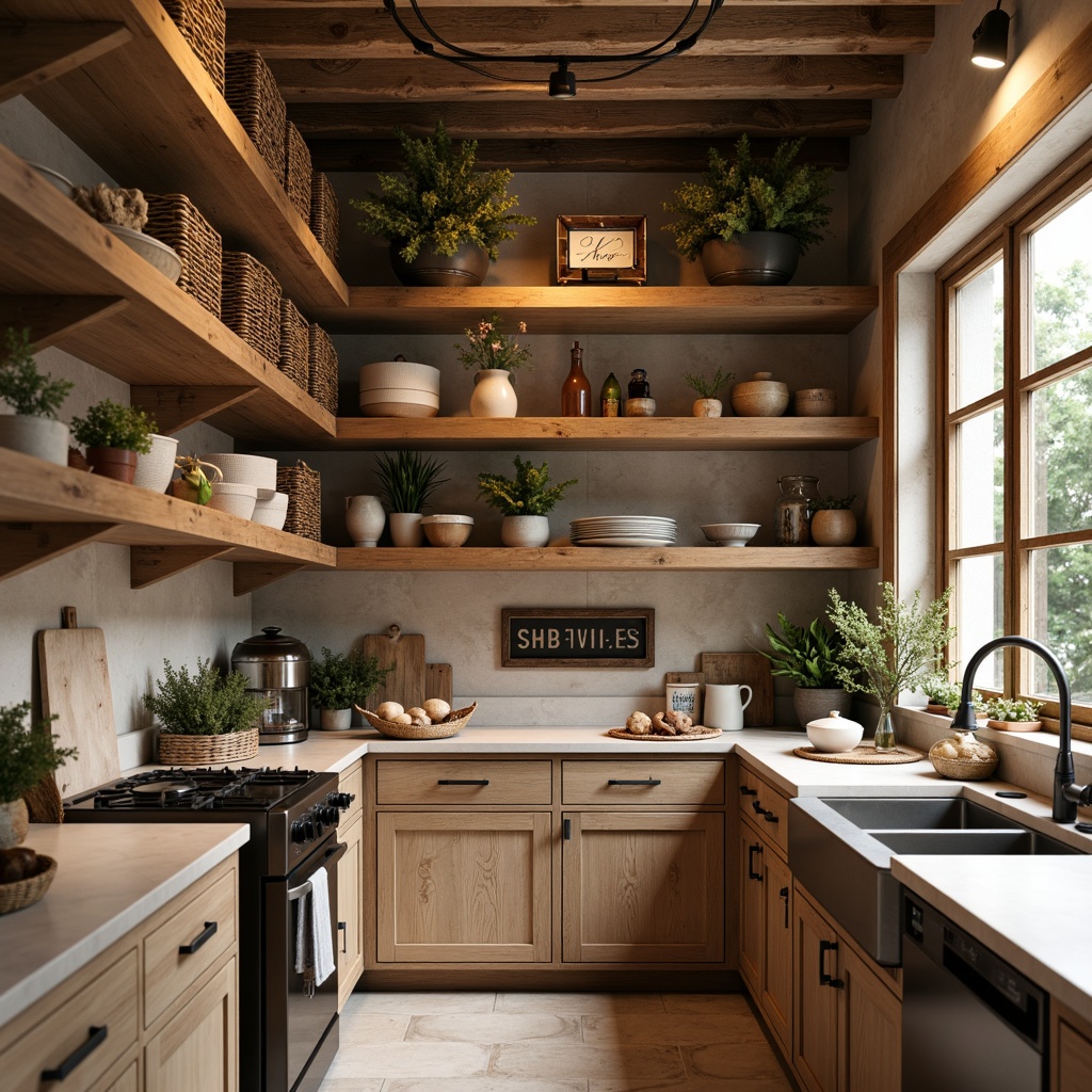 Prompt: Rustic pantry, wooden shelves, wicker baskets, earthy tones, natural textures, vintage metal signs, distressed finishes, farmhouse style, ample storage space, modern appliances, sleek countertops, pendant lighting, warm beige colors, soft ambient glow, 1/1 composition, shallow depth of field, realistic wood grains.