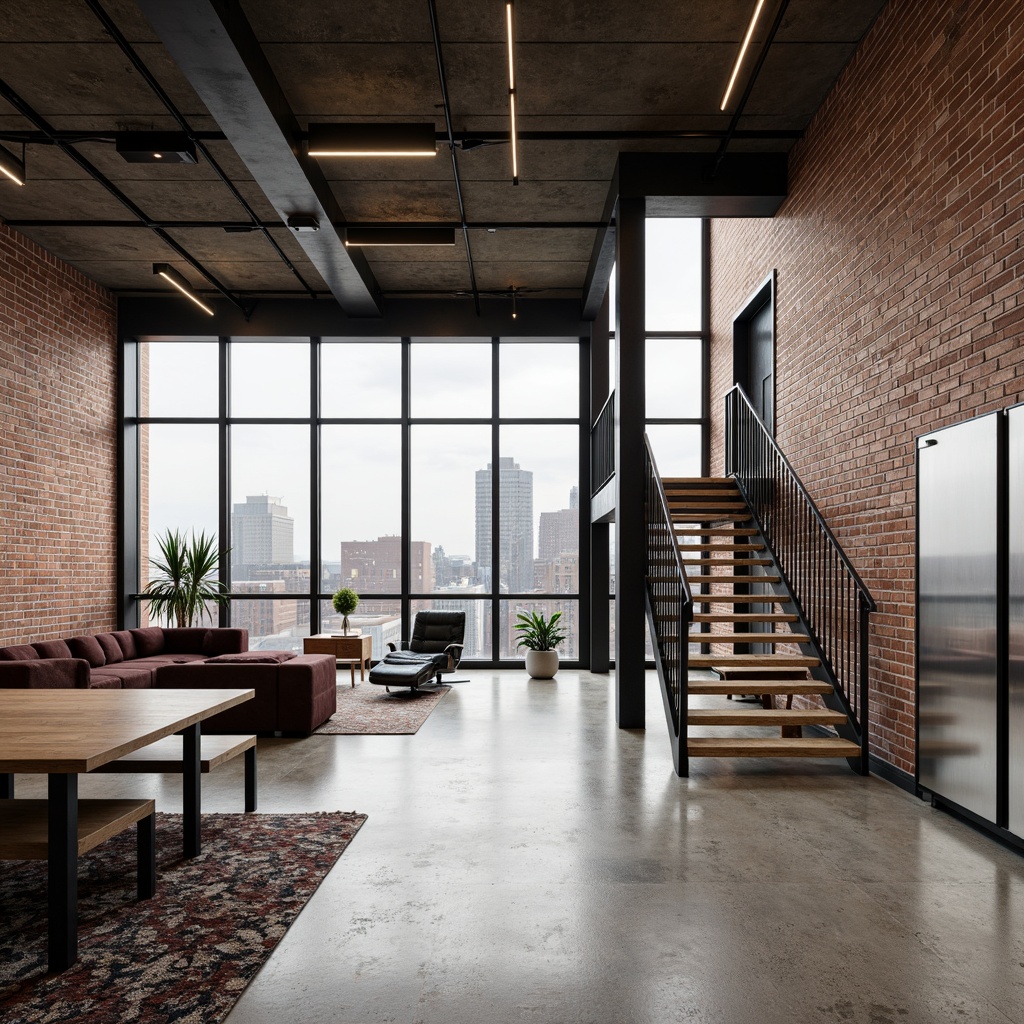 Prompt: Exposed brick walls, industrial chic penthouse, polished concrete floors, metal beams, reclaimed wood accents, minimalist decor, urban cityscape views, floor-to-ceiling windows, modern industrial lighting, steel staircase, open-plan living area, sleek low-profile furniture, matte black fixtures, neutral color palette, raw unfinished textures, distressed wooden planks, poured resin flooring, metallic epoxy coatings, geometric patterned rugs, industrial-style metal doors, minimalist decor accessories.