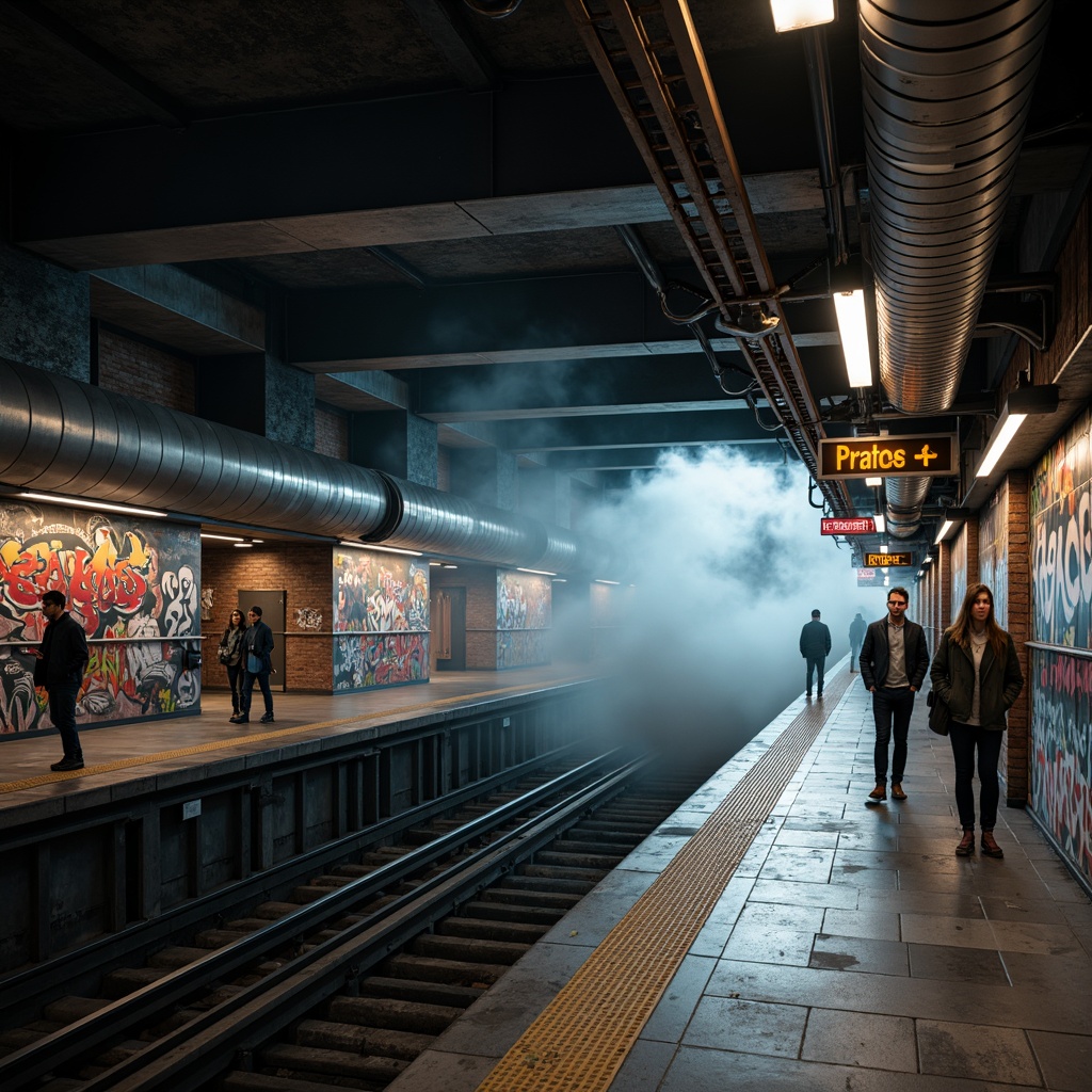 Prompt: Urban metro station, bustling crowds, steel beams, exposed ductwork, polished concrete floors, industrial-chic aesthetic, distressed brick walls, metallic accents, vibrant graffiti murals, urban textures, dynamic lighting, moody ambiance, atmospheric fog effect, 1/2 composition, low-angle shot, dramatic shadows, realistic reflections, high-contrast color palette.