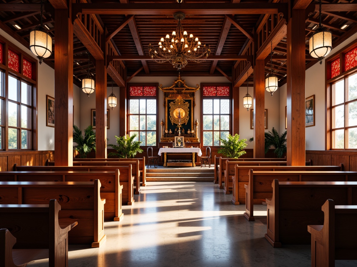 Prompt: Traditional Asian-style church interior, intricately carved wooden pews, ornate golden altar, vibrant red accents, serene ambiance, natural light pouring through stained glass windows, polished marble floors, elegant lanterns, subtle fragrance of incense, soft warm lighting, shallow depth of field, 3/4 composition, realistic textures, ambient occlusion.